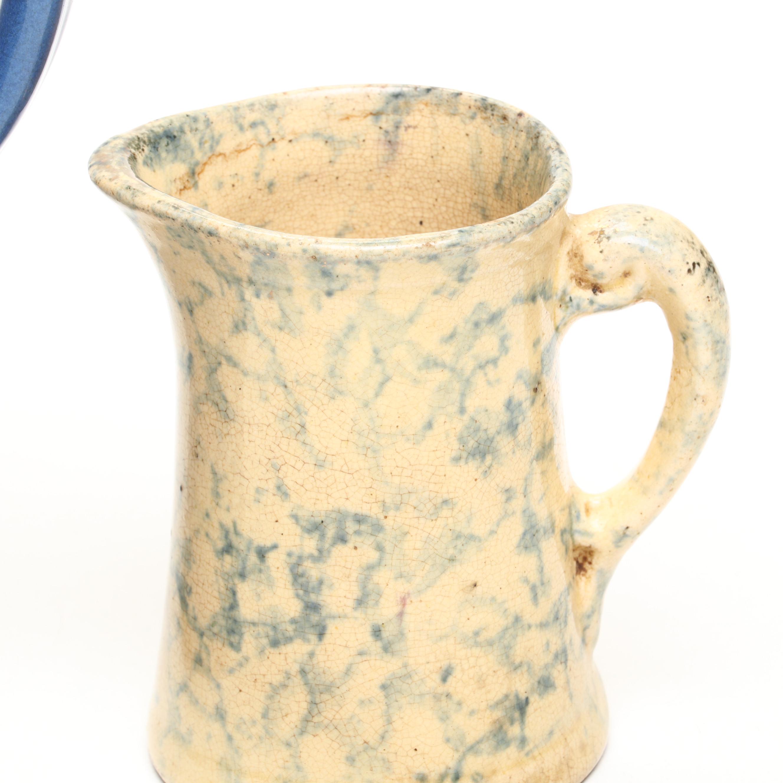 Stoneware Pitcher with Spongeware Creamer, Toothpick Holders and Mini Bowls
