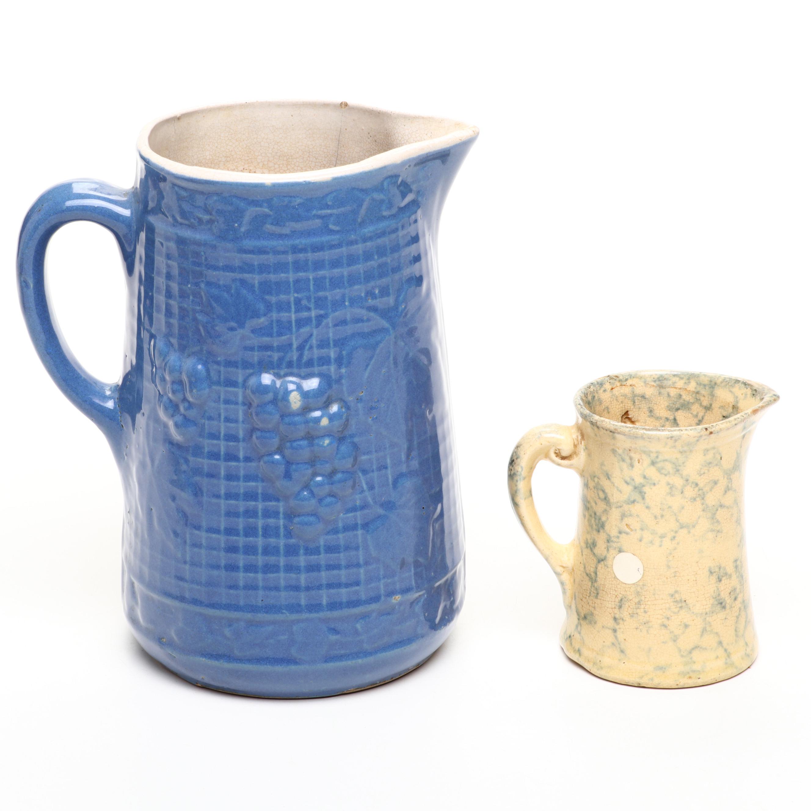 Stoneware Pitcher with Spongeware Creamer, Toothpick Holders and Mini Bowls