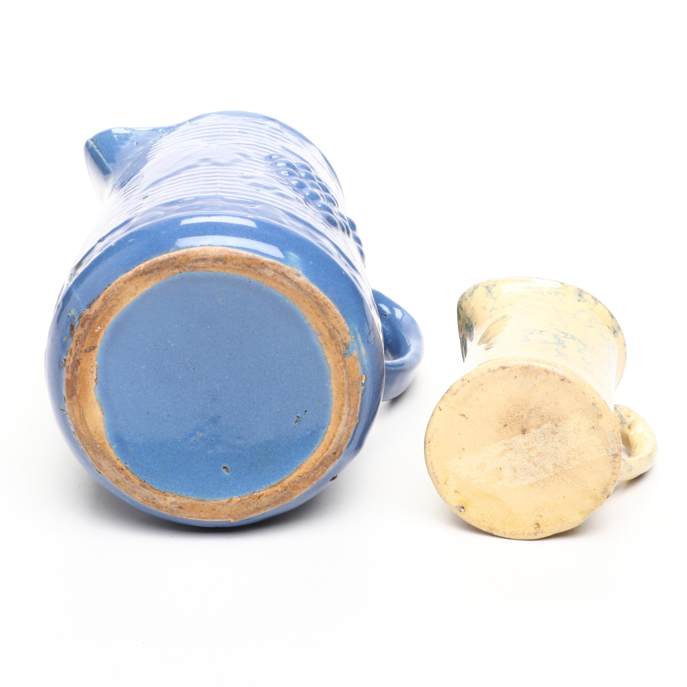 Stoneware Pitcher with Spongeware Creamer, Toothpick Holders and Mini Bowls