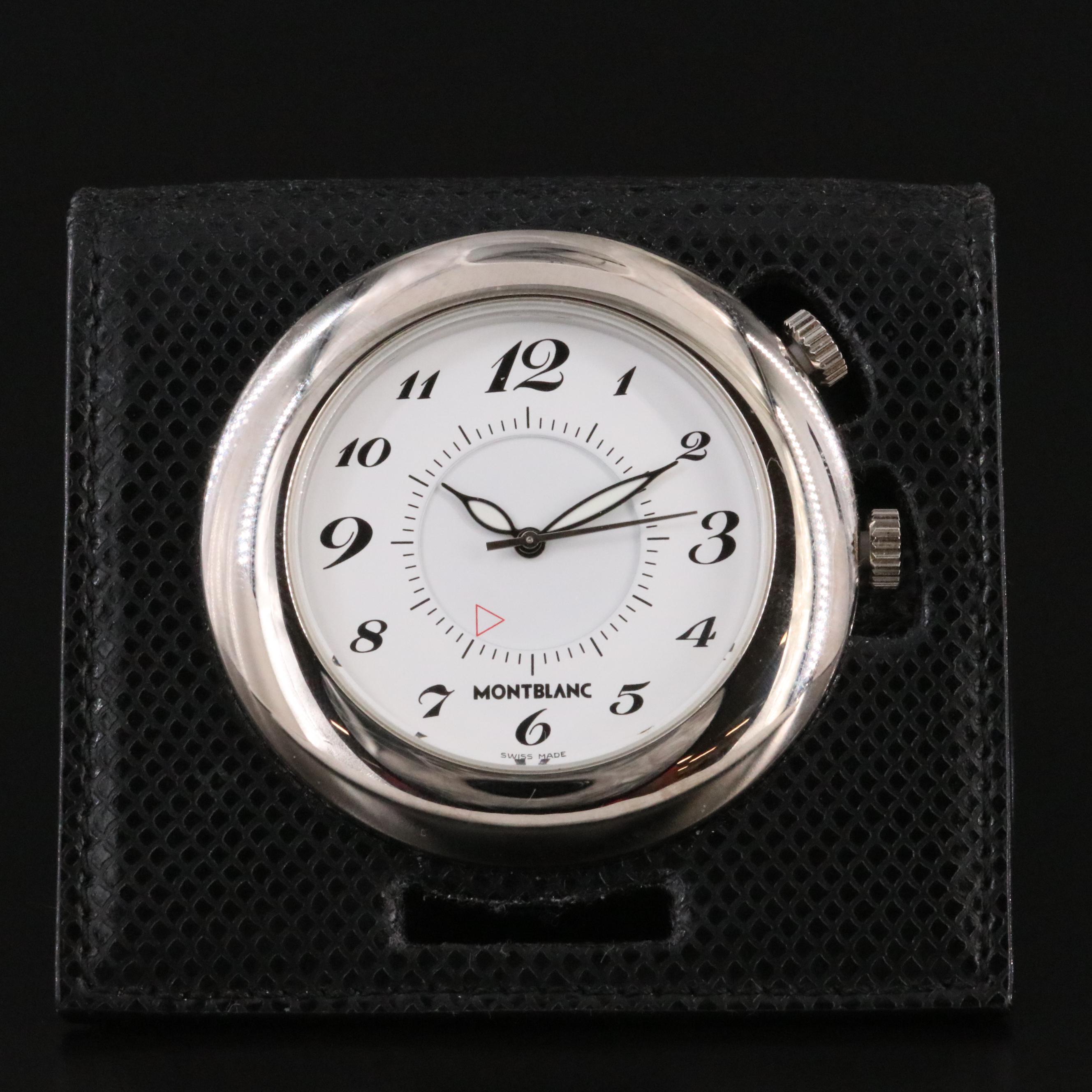 Montblanc Leather Travel Alarm M29419 White Dial Steel Quartz Clock
