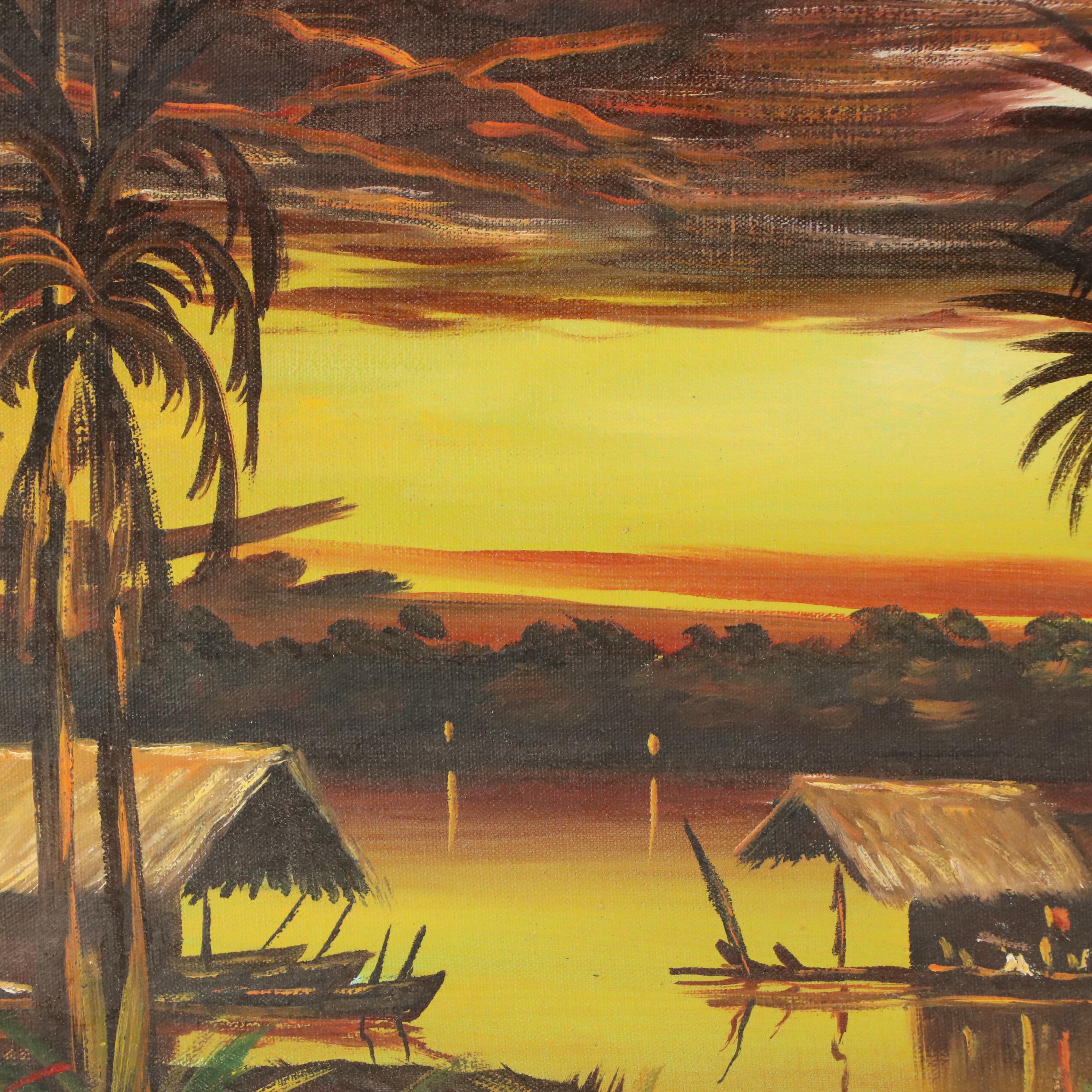 J. Vargas Tropical Sunset Landscape Acrylic Painting, 20th Century