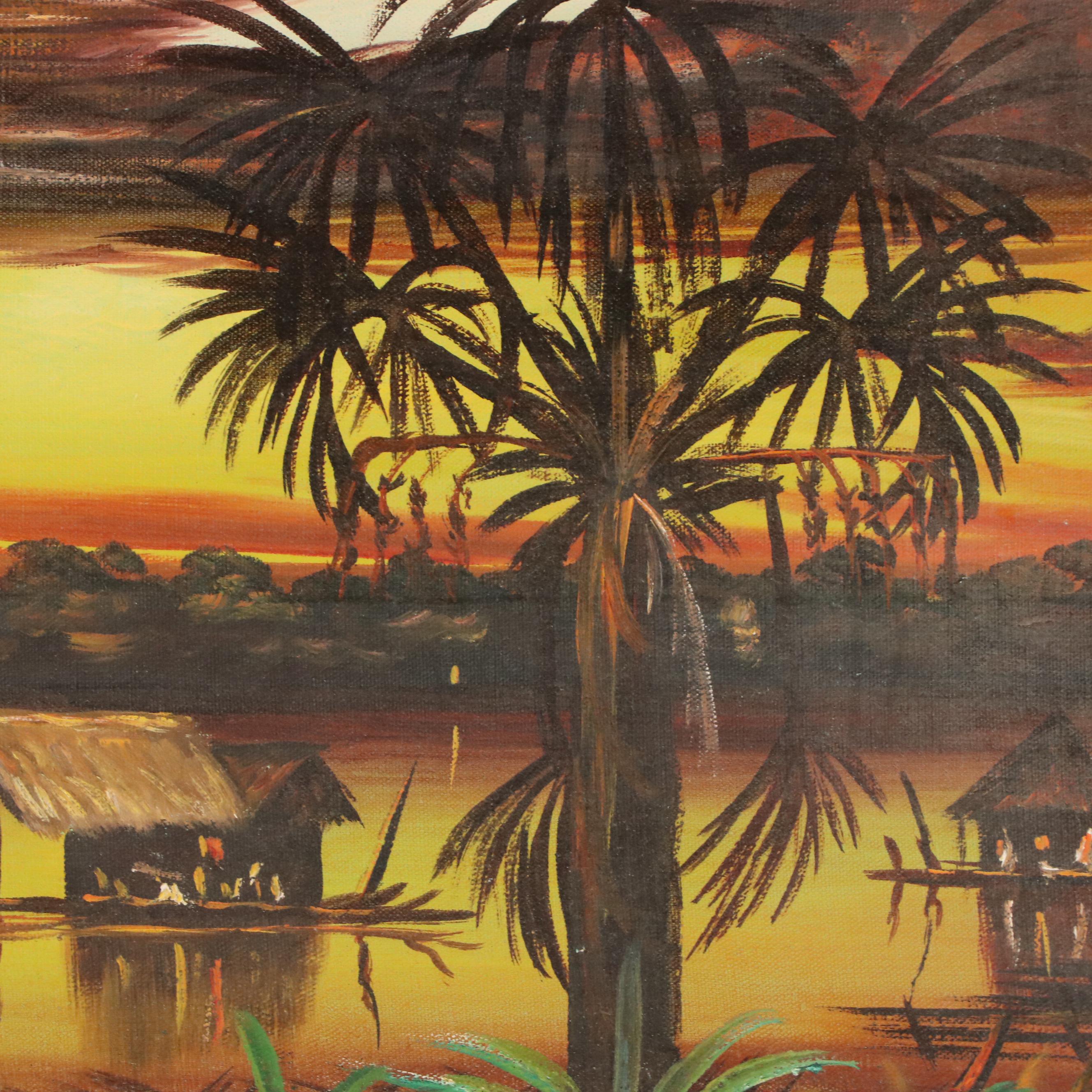 J. Vargas Tropical Sunset Landscape Acrylic Painting, 20th Century