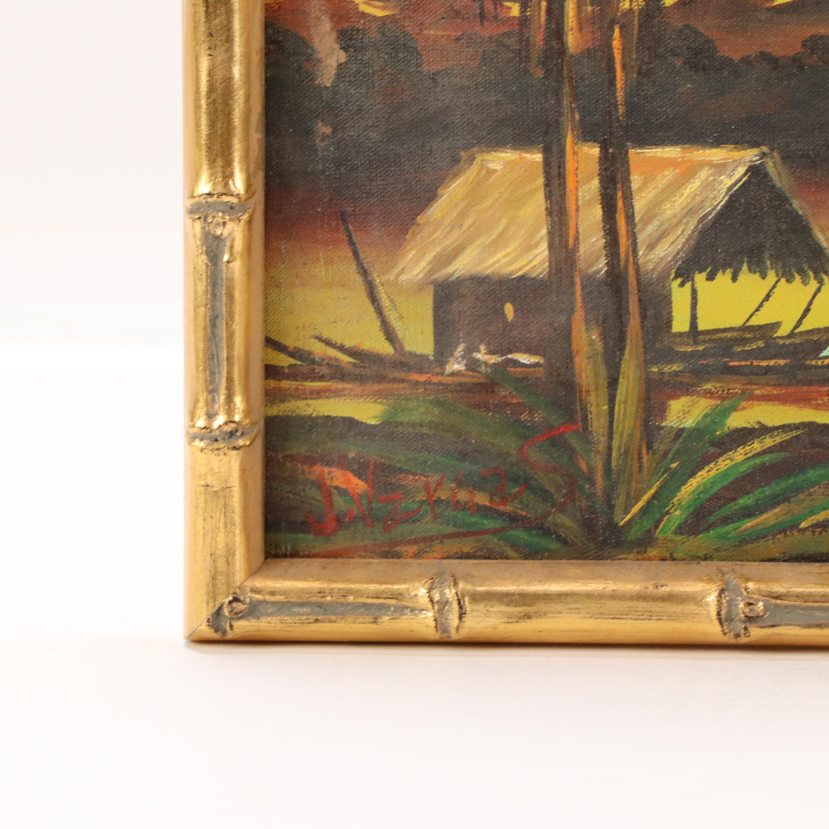 J. Vargas Tropical Sunset Landscape Acrylic Painting, 20th Century