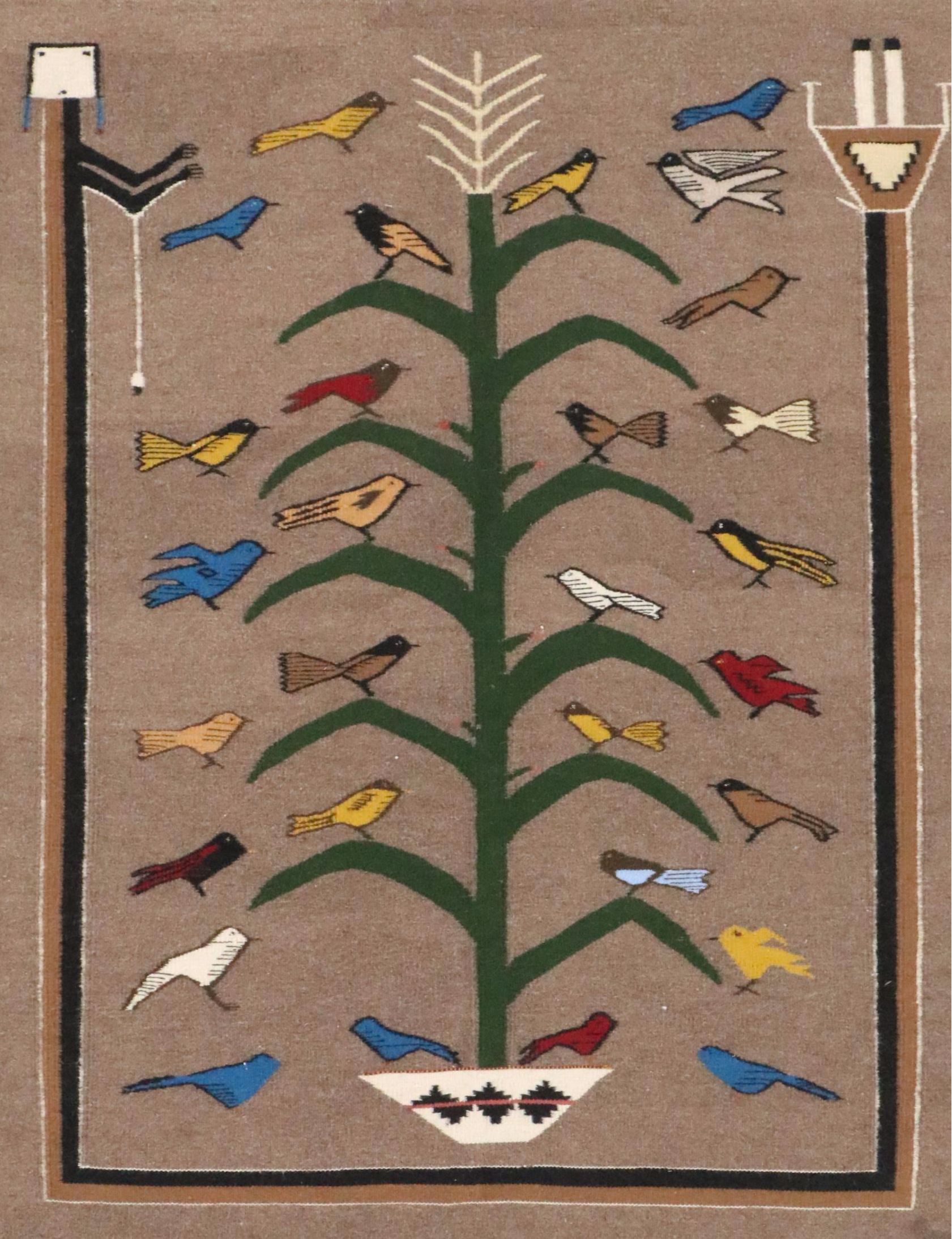 Handwoven Virginia Stash Navajo "Tree of Life" Birds with Corn Stalk Accent Rug