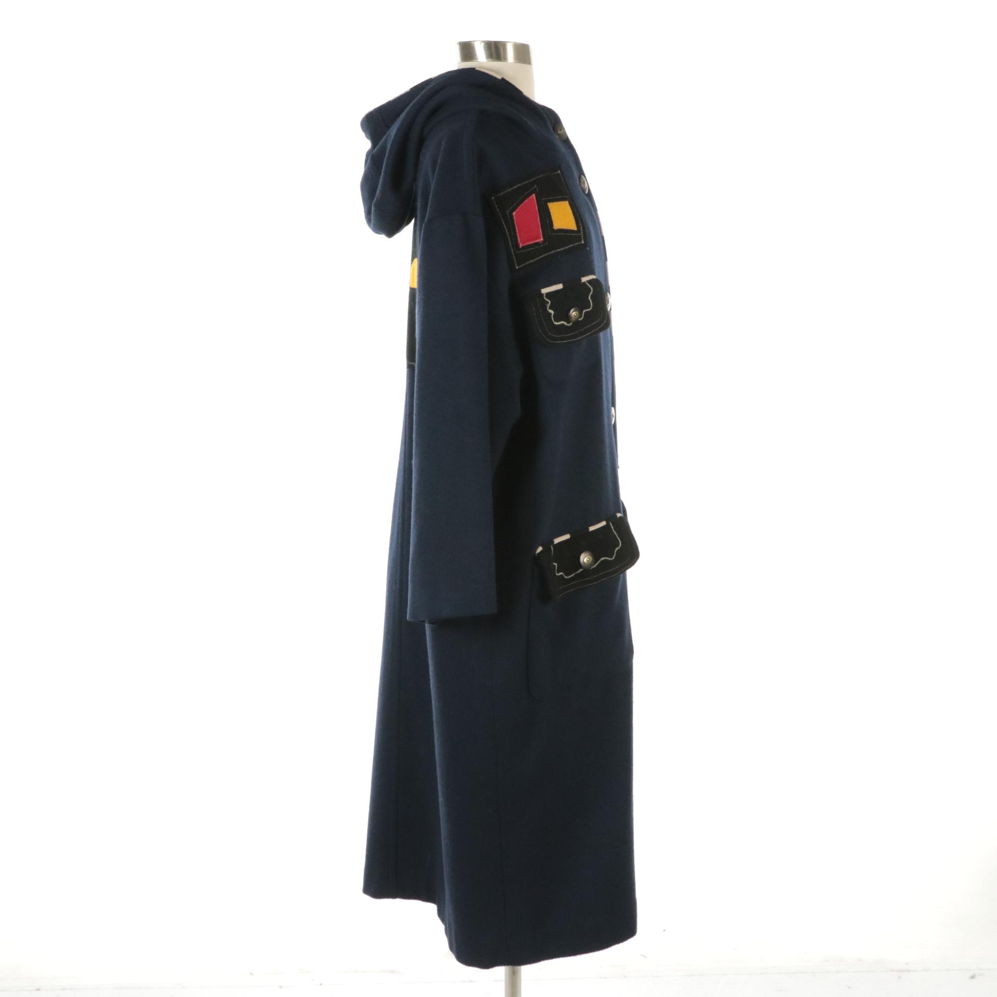Canvasback Long Hooded Jacket in Navy Blue Patchwork Wool