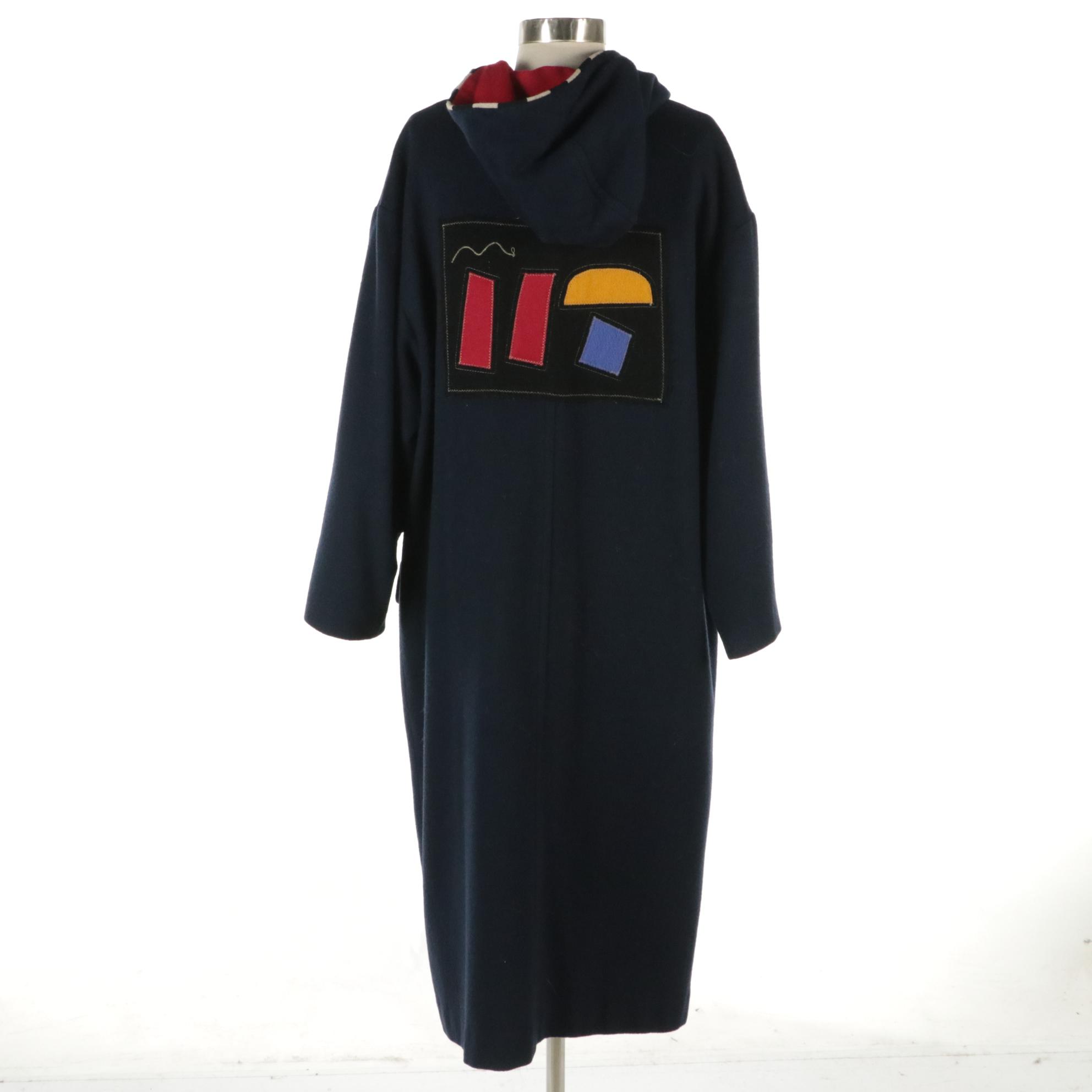 Canvasback Long Hooded Jacket in Navy Blue Patchwork Wool