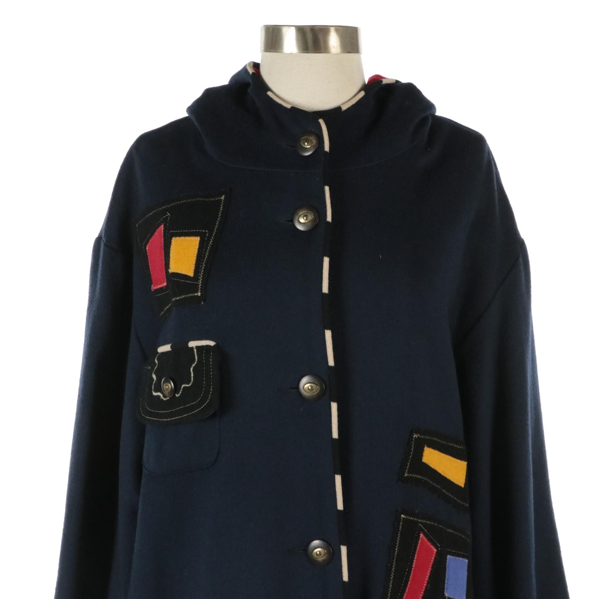 Canvasback Long Hooded Jacket in Navy Blue Patchwork Wool