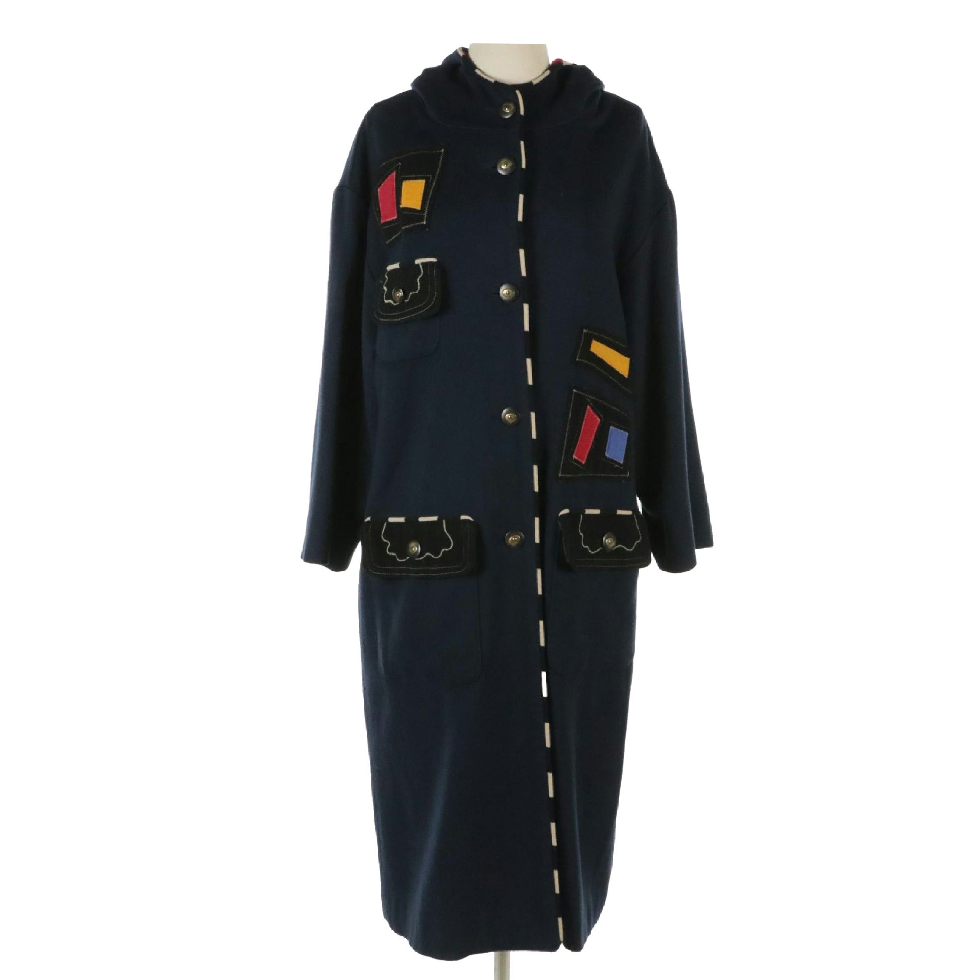 Canvasback Long Hooded Jacket in Navy Blue Patchwork Wool