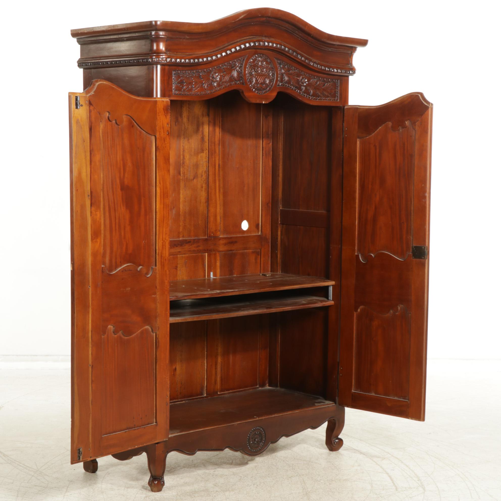 French Provincial Style Carved Wood Armoire Converted to Entertainment Cabinet