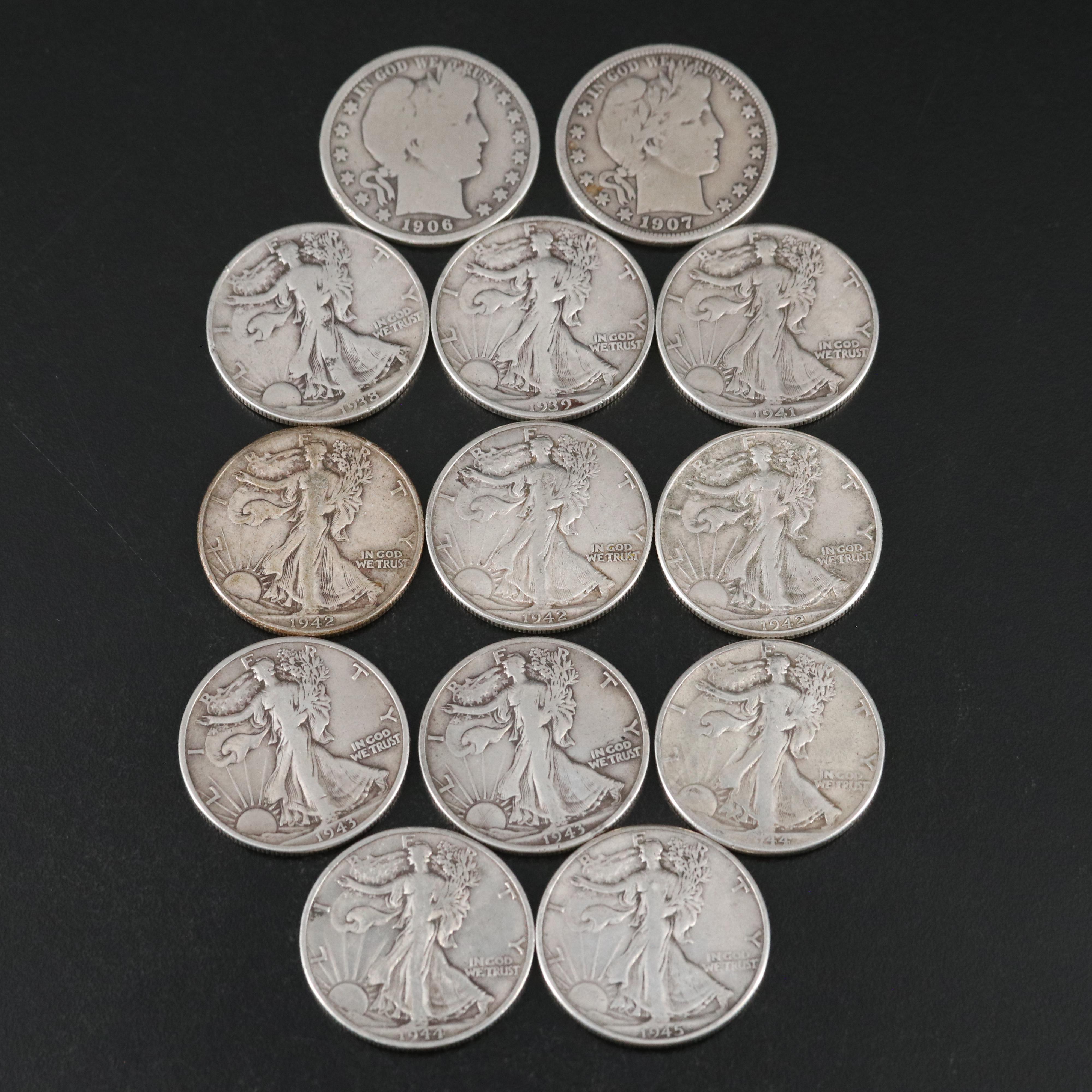 Group of Thirteen U.S. Barber and Walking Liberty Half Dollars
