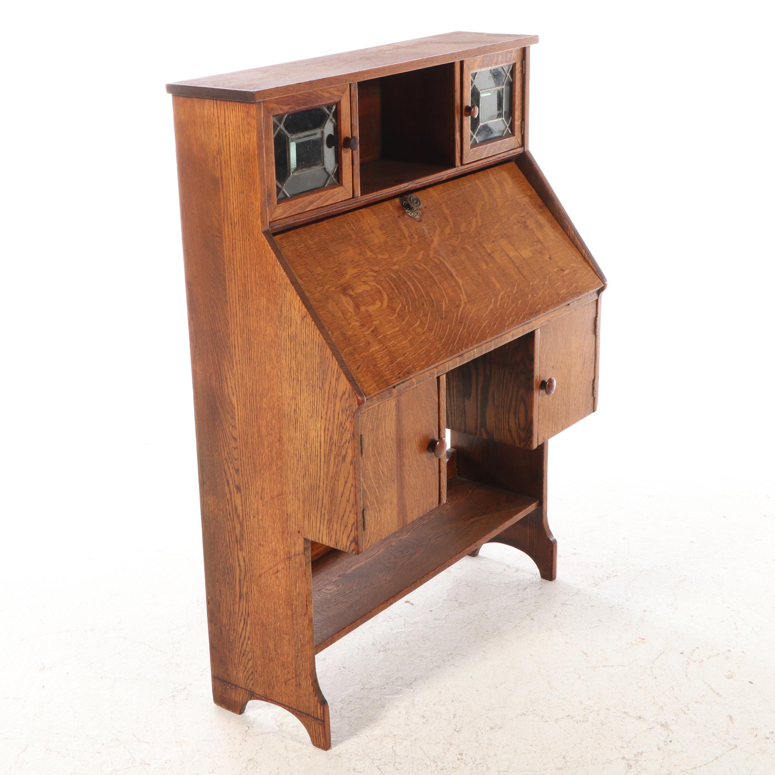 Arts and Crafts Quartersawn Oak and Leaded Glass Secretary Bookcase