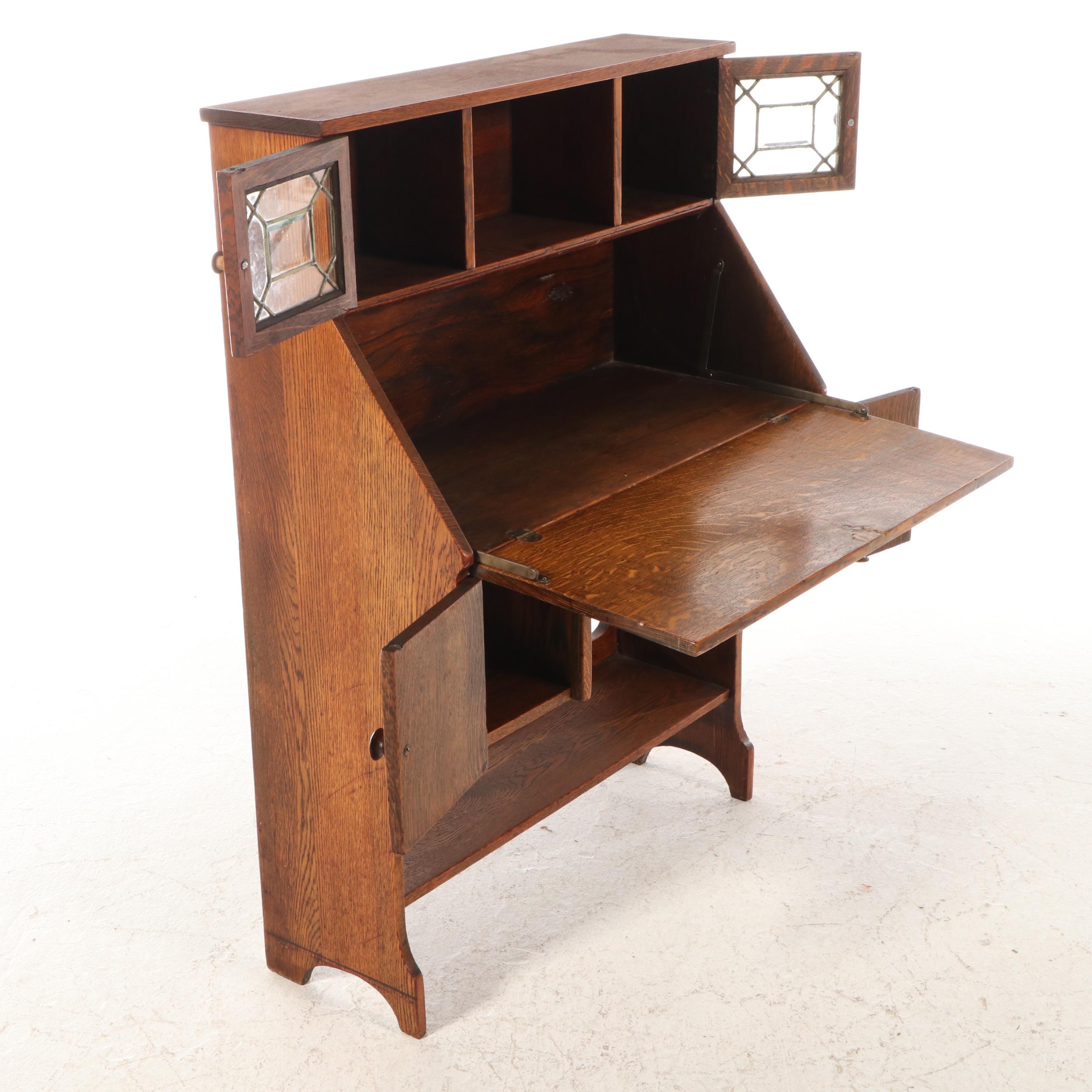 Arts and Crafts Quartersawn Oak and Leaded Glass Secretary Bookcase