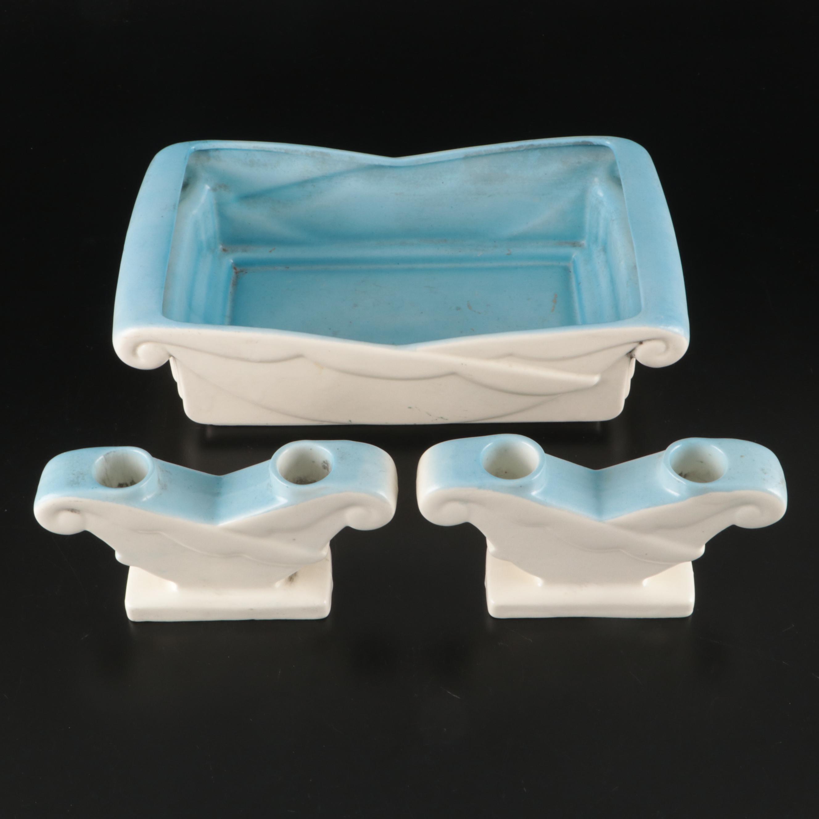 Erphila Porcelain Art Deco Style Candle Holders and Bowl Centerpiece Set