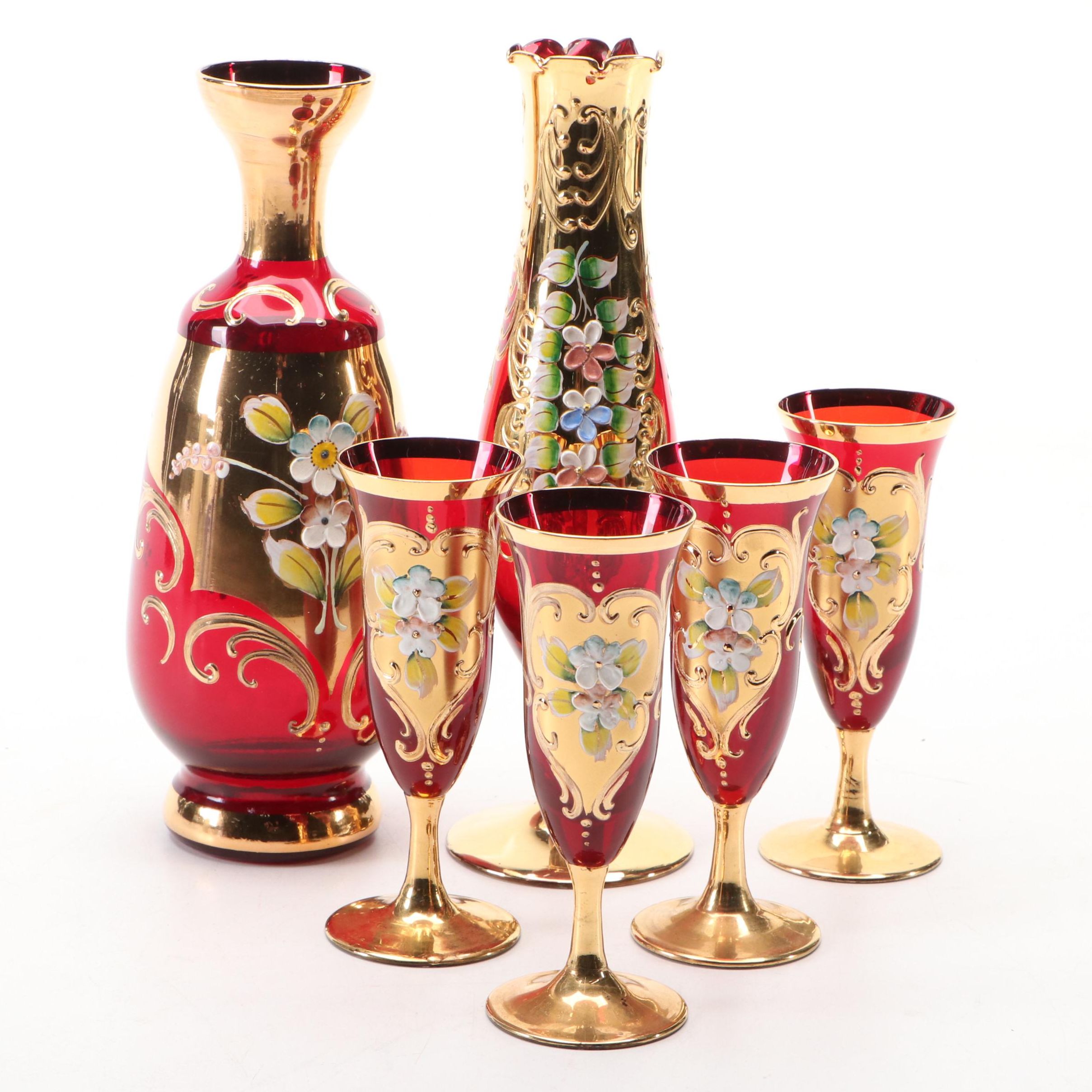 Bohemian Style Ruby Glass and Enameled Vase and Decanter Set
