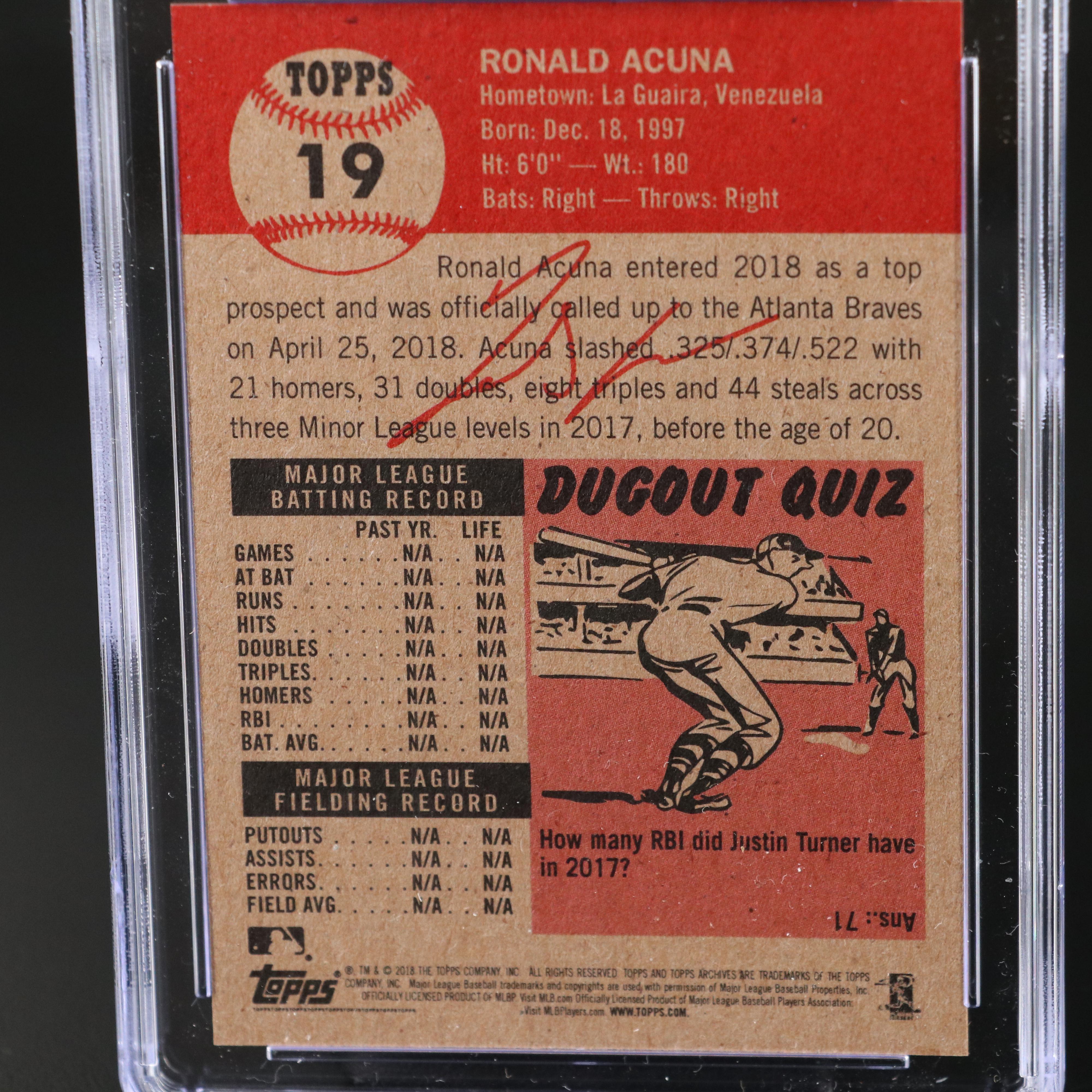 2018 Topps Living Set Ronald Acuna Jr. Rookie Baseball Card Graded CGC 10