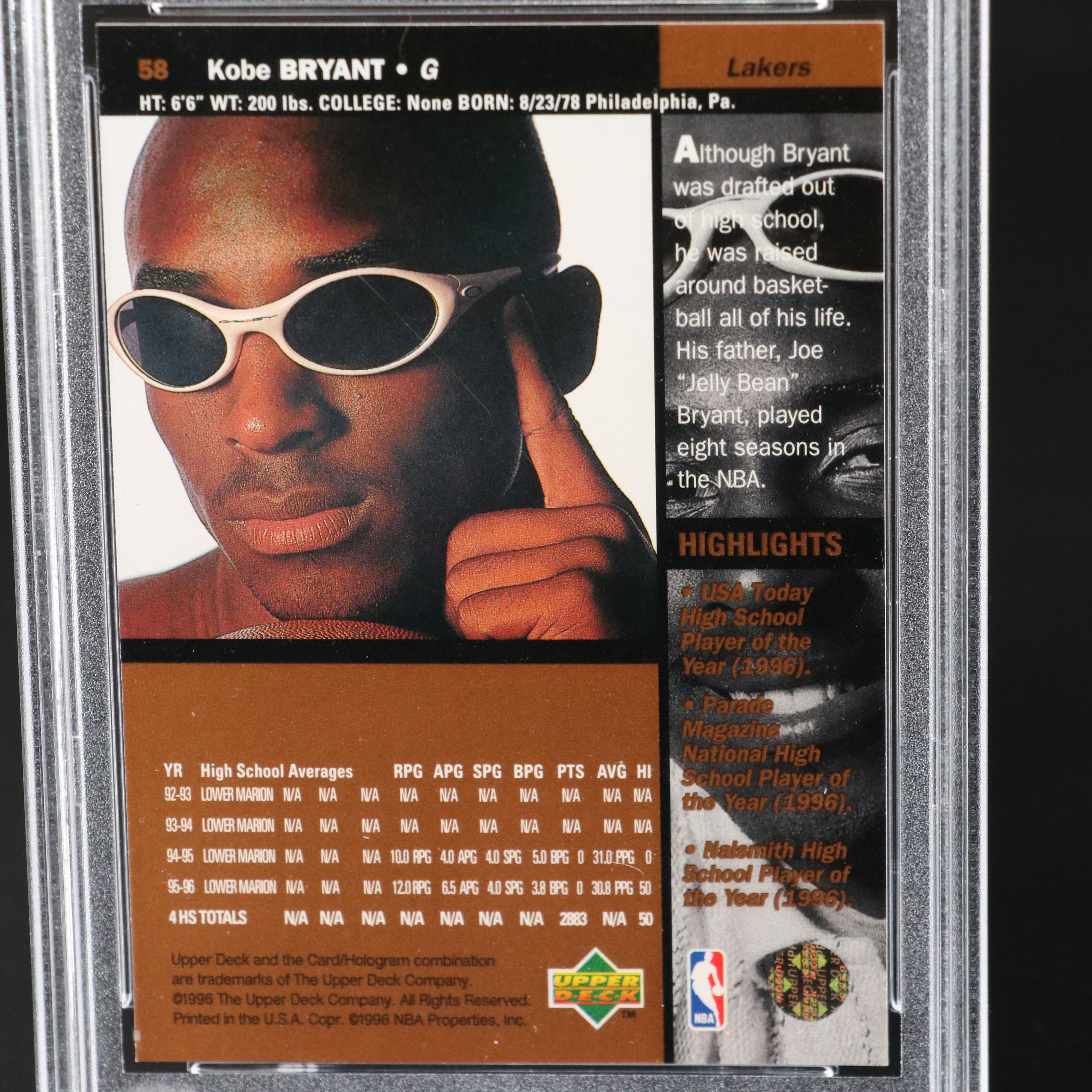 1996 Upper Deck Kobe Bryant Rookie Basketball Card Graded PSA 9