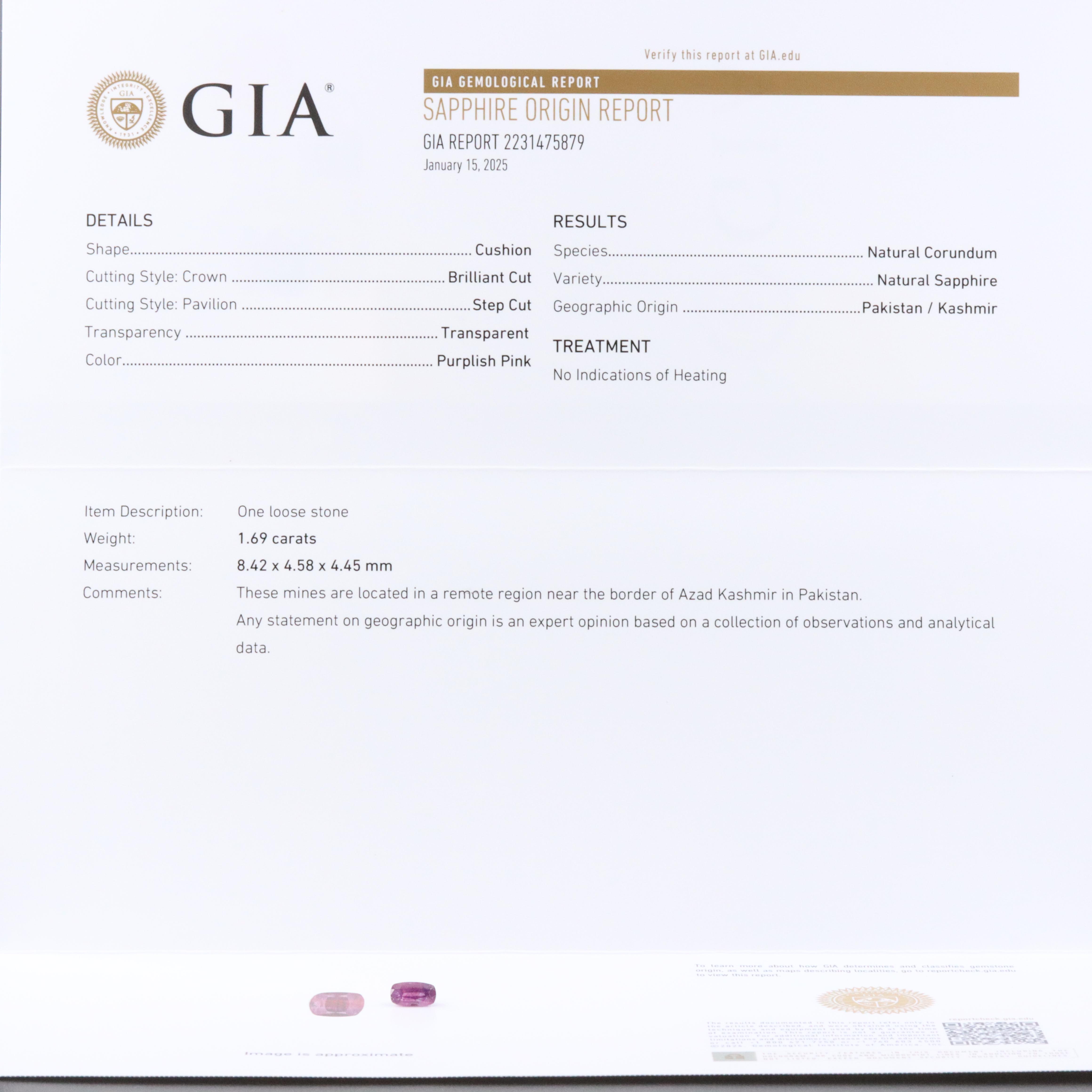 Loose 1.69 CT Unheated Kashmir Sapphire with GIA Report