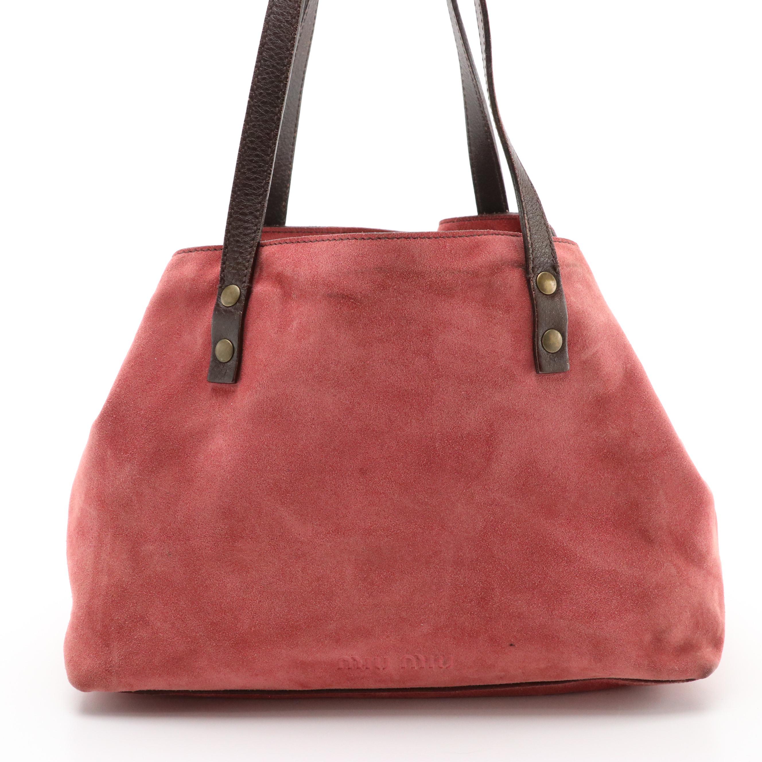 Miu Miu Blush Pink Suede Shoulder Bag with Brown Grained Leather Mini Pochette