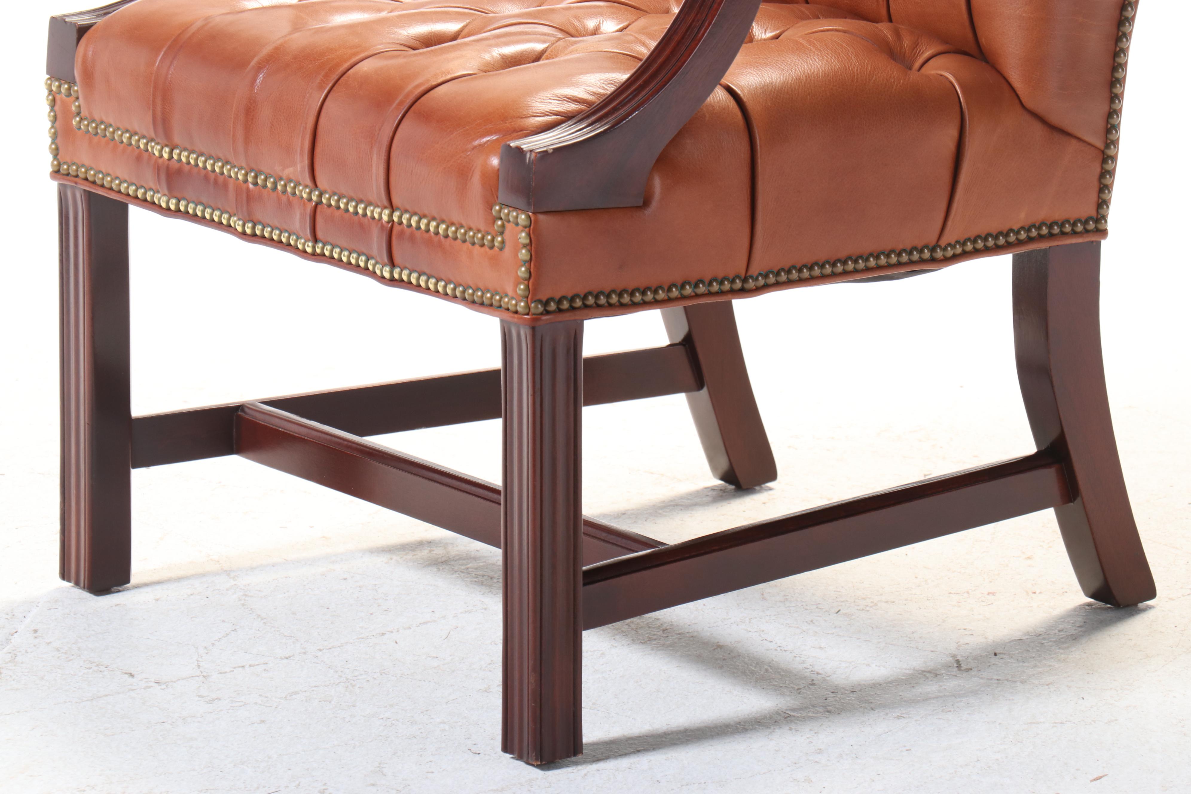 Hancock & Moore Chippendale Style Mahogany and Button-Down Leather Armchair