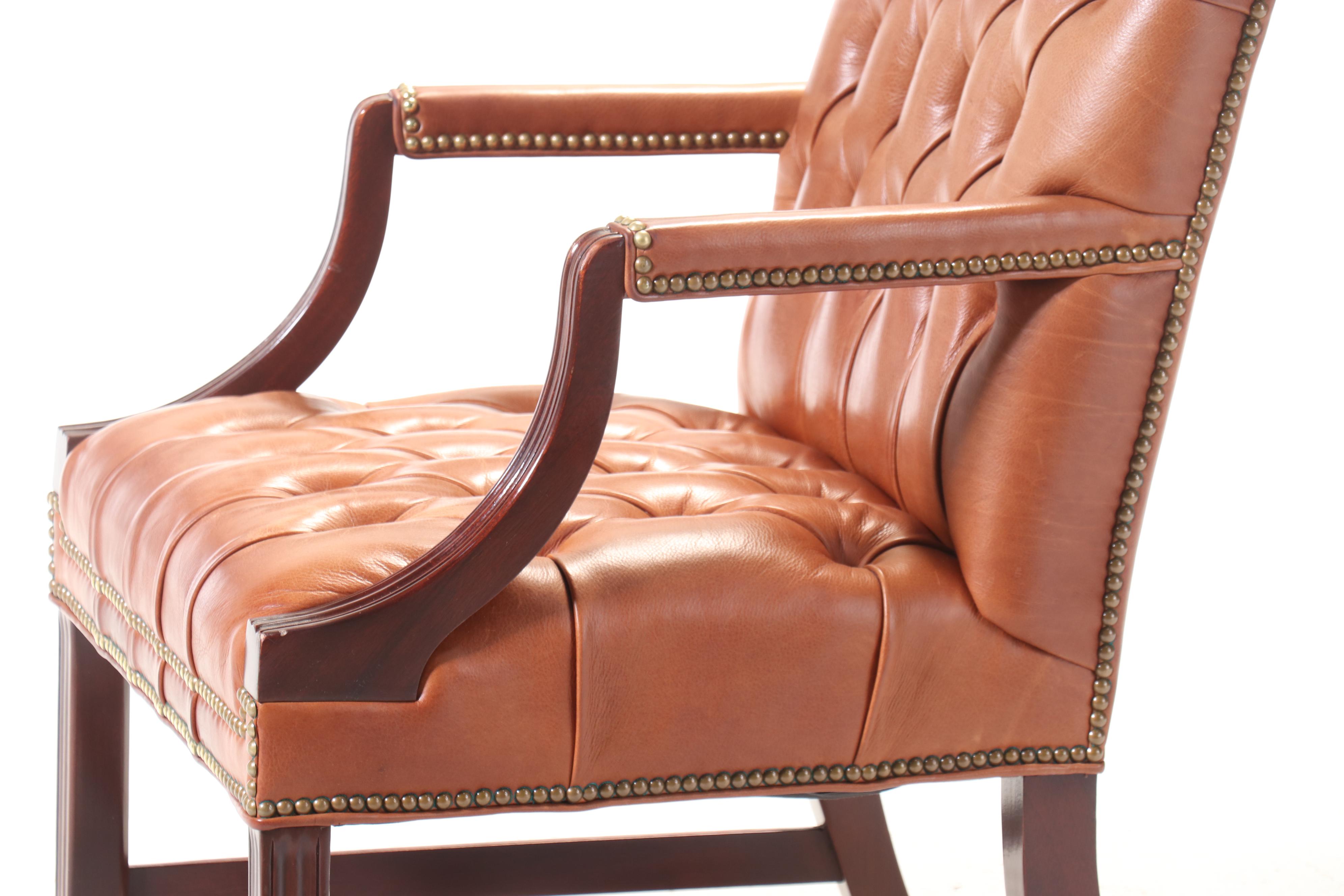 Hancock & Moore Chippendale Style Mahogany and Button-Down Leather Armchair