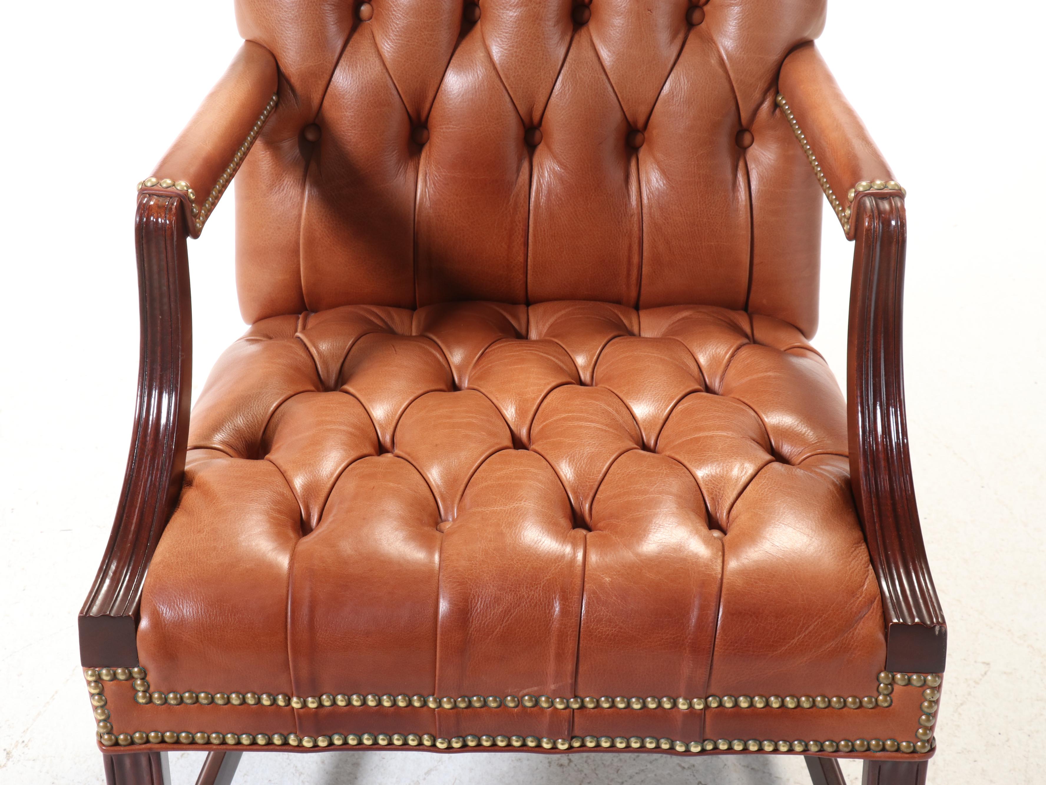 Hancock & Moore Chippendale Style Mahogany and Button-Down Leather Armchair