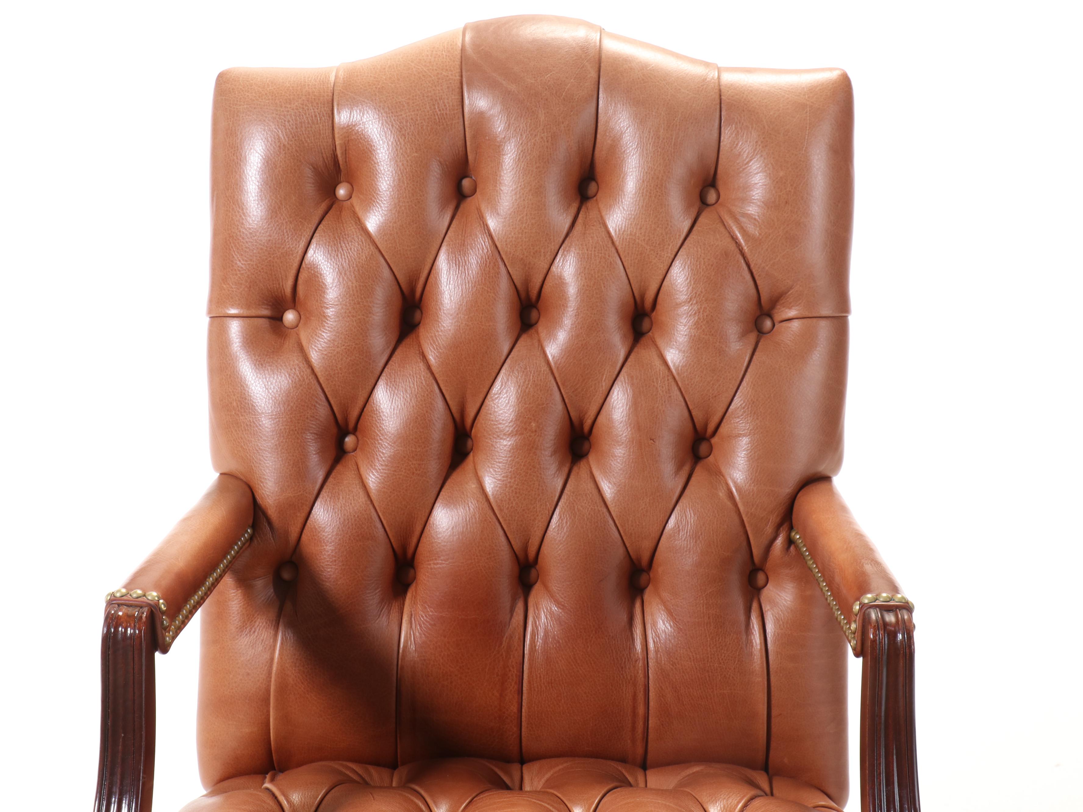 Hancock & Moore Chippendale Style Mahogany and Button-Down Leather Armchair