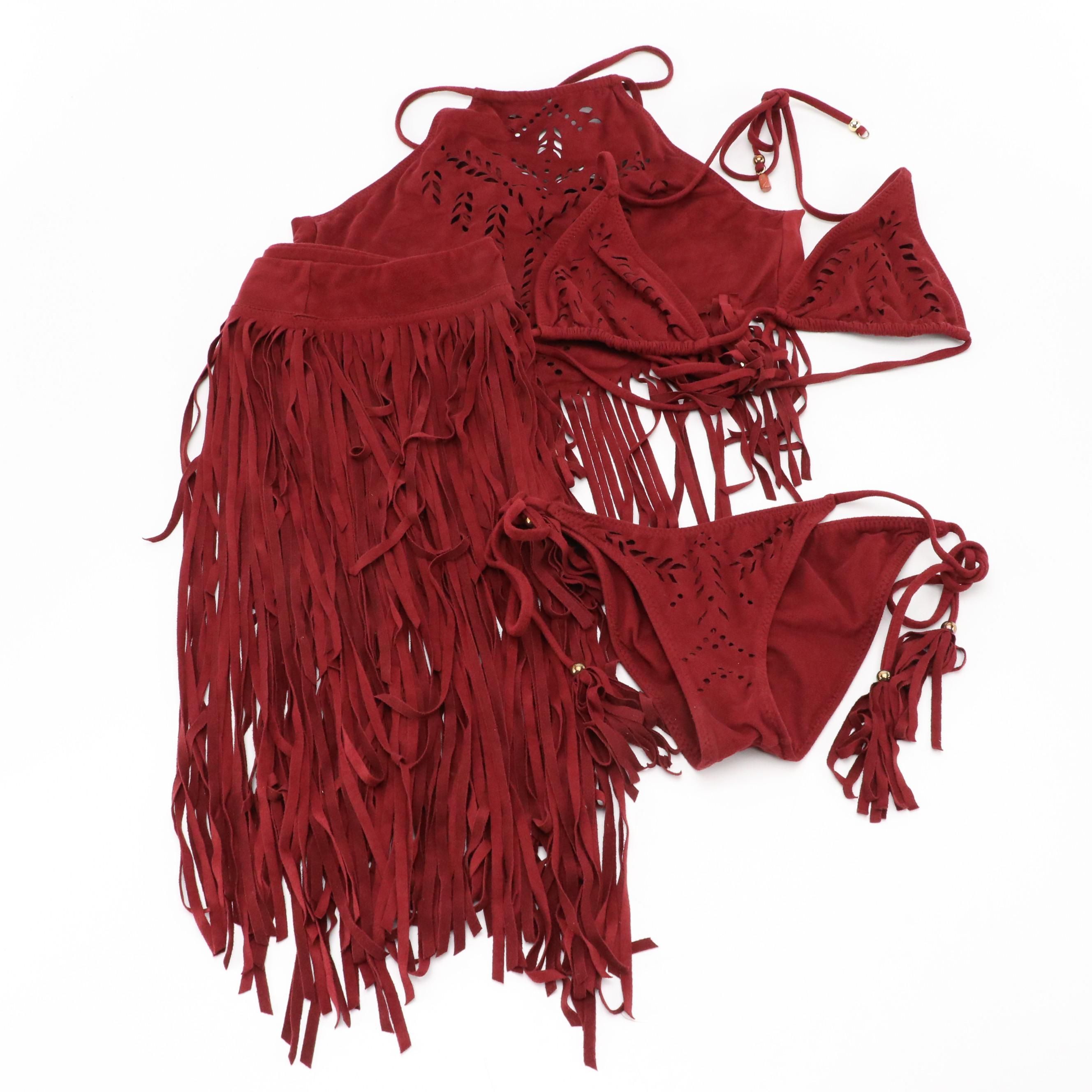 ále by Alessandra Maroon Microfiber Bikini, Fringe Skirt and Tie-Neck Halter Top