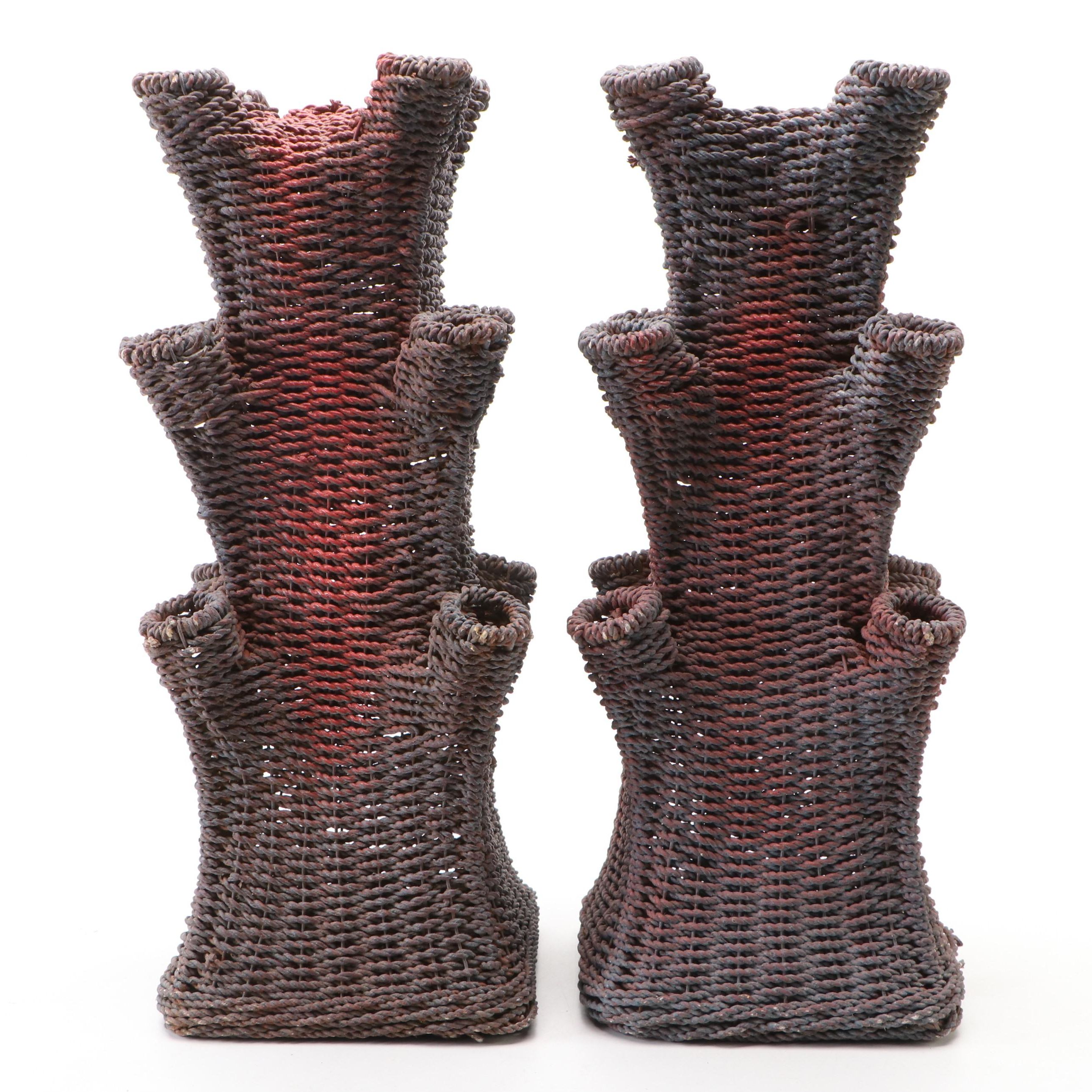 Pair of Painted Paper Rush Wicker Tulipieres