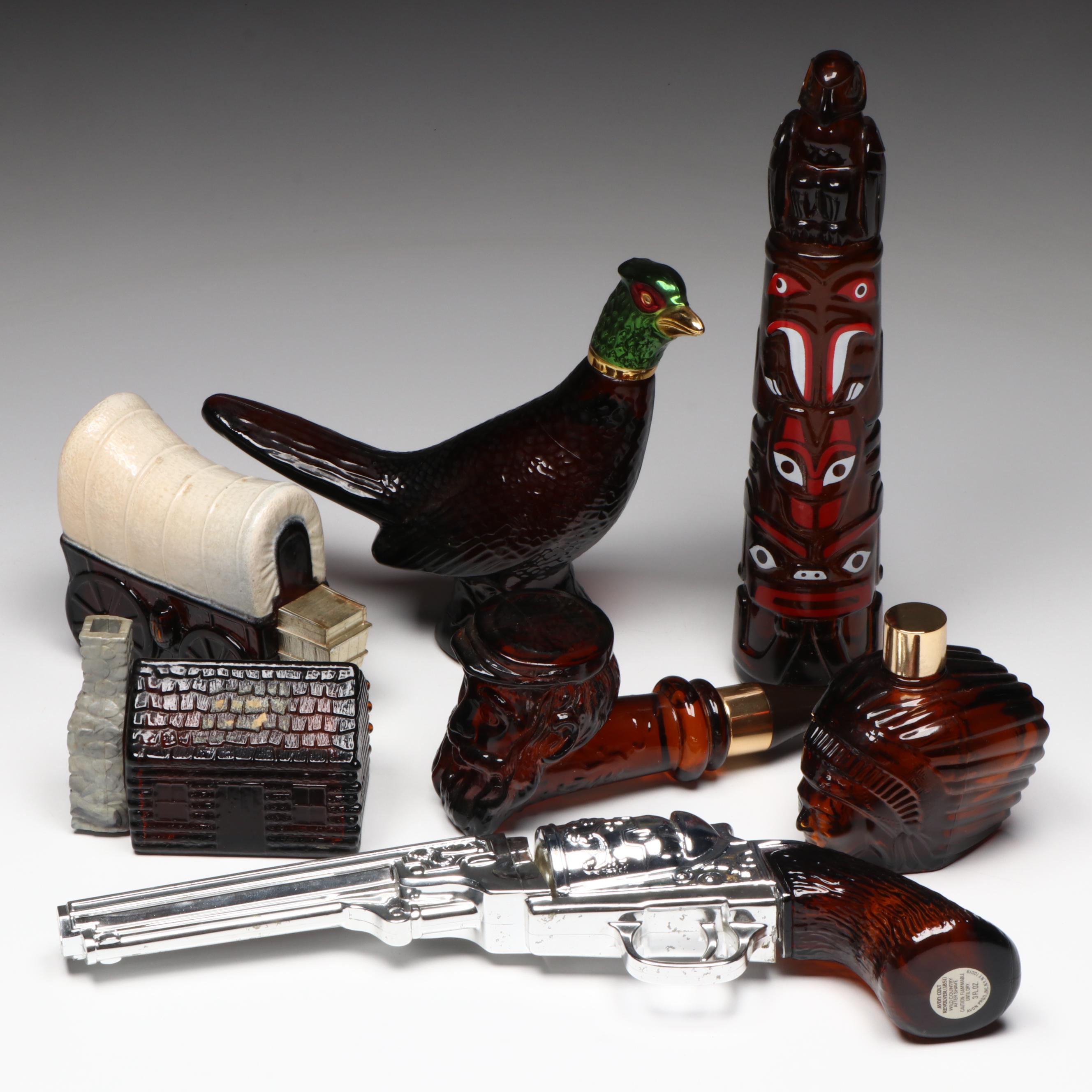 Avon Novelty Aftershave Bottles Including Revolver, Pheasant, and Totem Pole