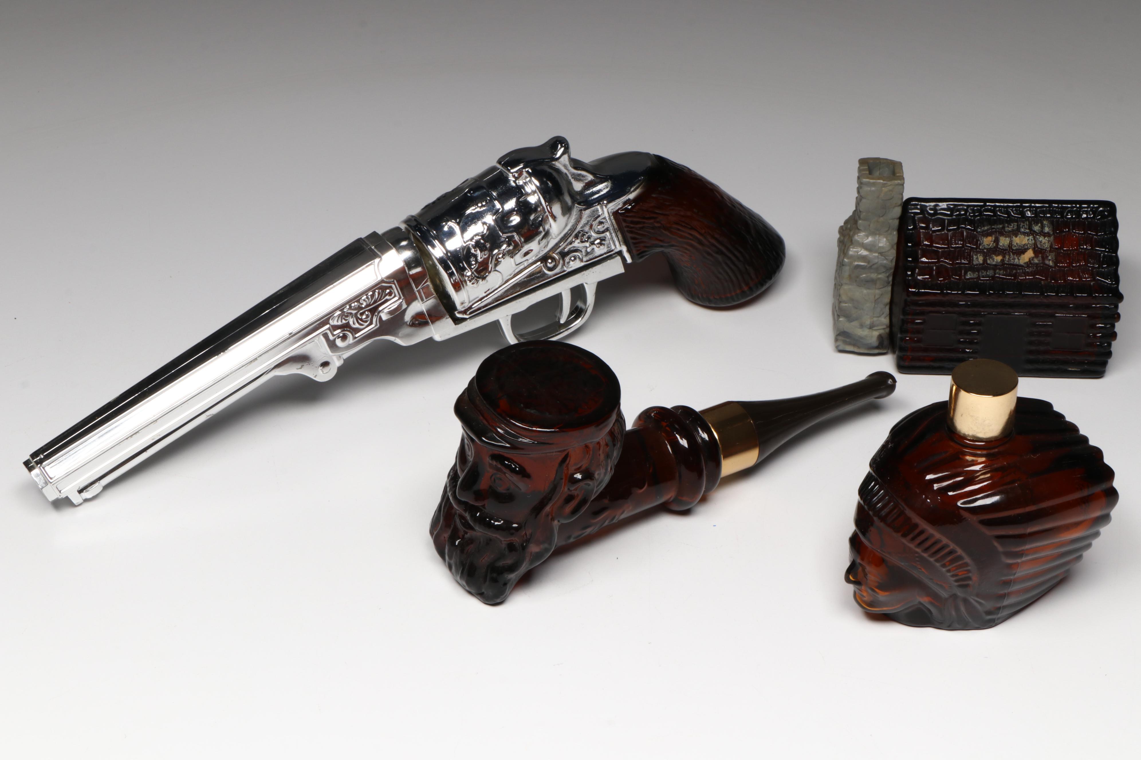 Avon Novelty Aftershave Bottles Including Revolver, Pheasant, and Totem Pole