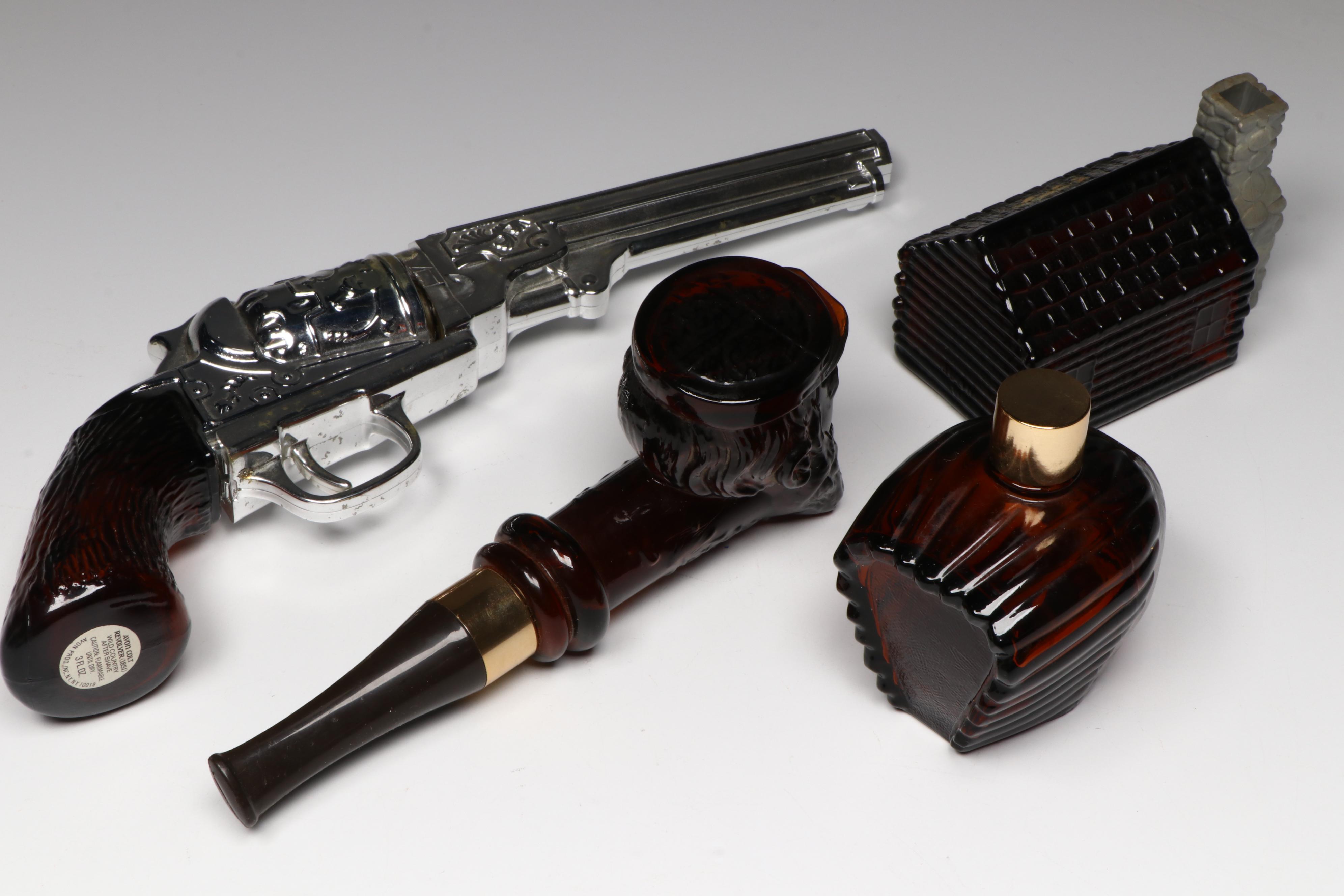 Avon Novelty Aftershave Bottles Including Revolver, Pheasant, and Totem Pole