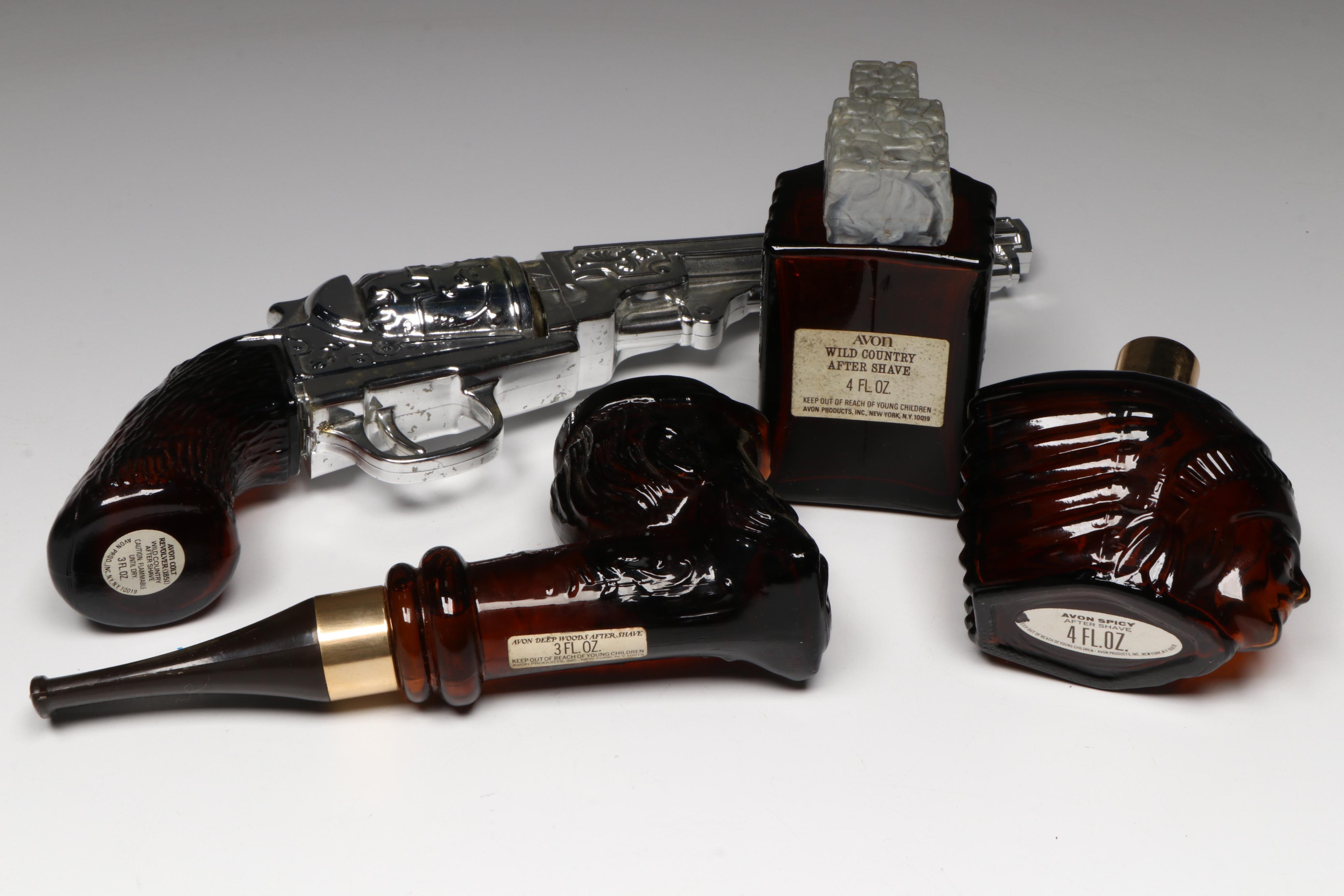 Avon Novelty Aftershave Bottles Including Revolver, Pheasant, and Totem Pole
