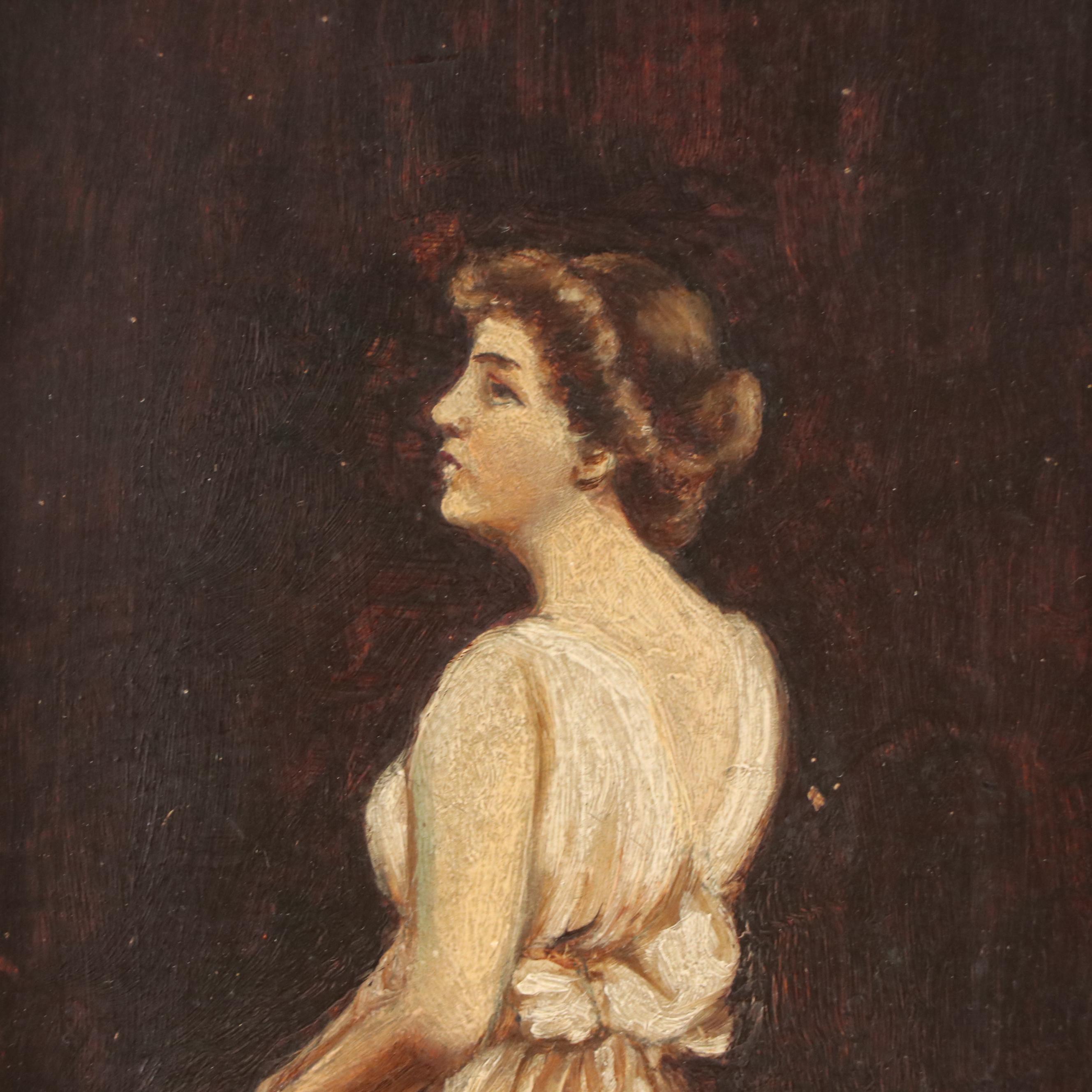 Oil Painting of Standing Woman in Gown, Early 20th Century