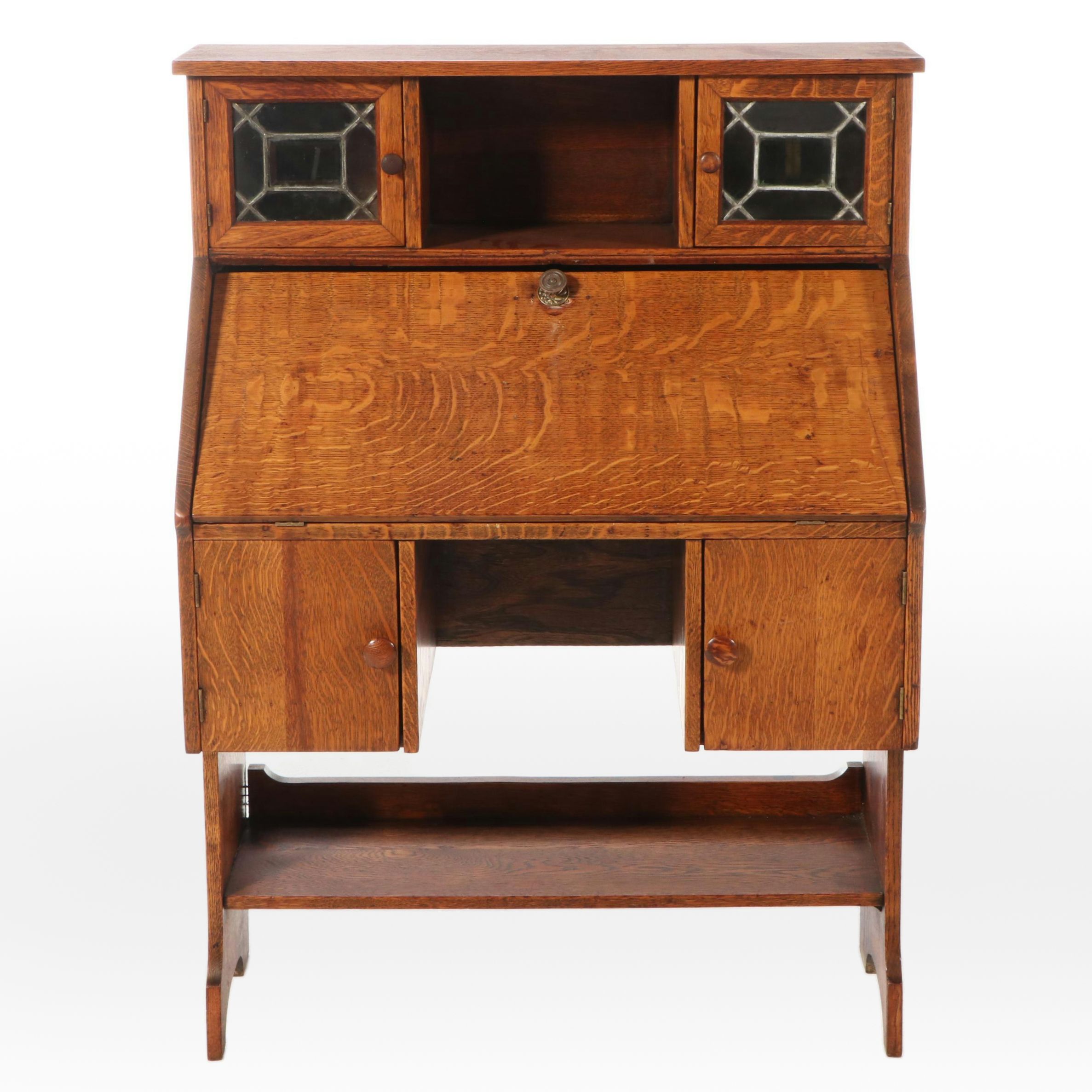 Arts and Crafts Quartersawn Oak and Leaded Glass Secretary Bookcase