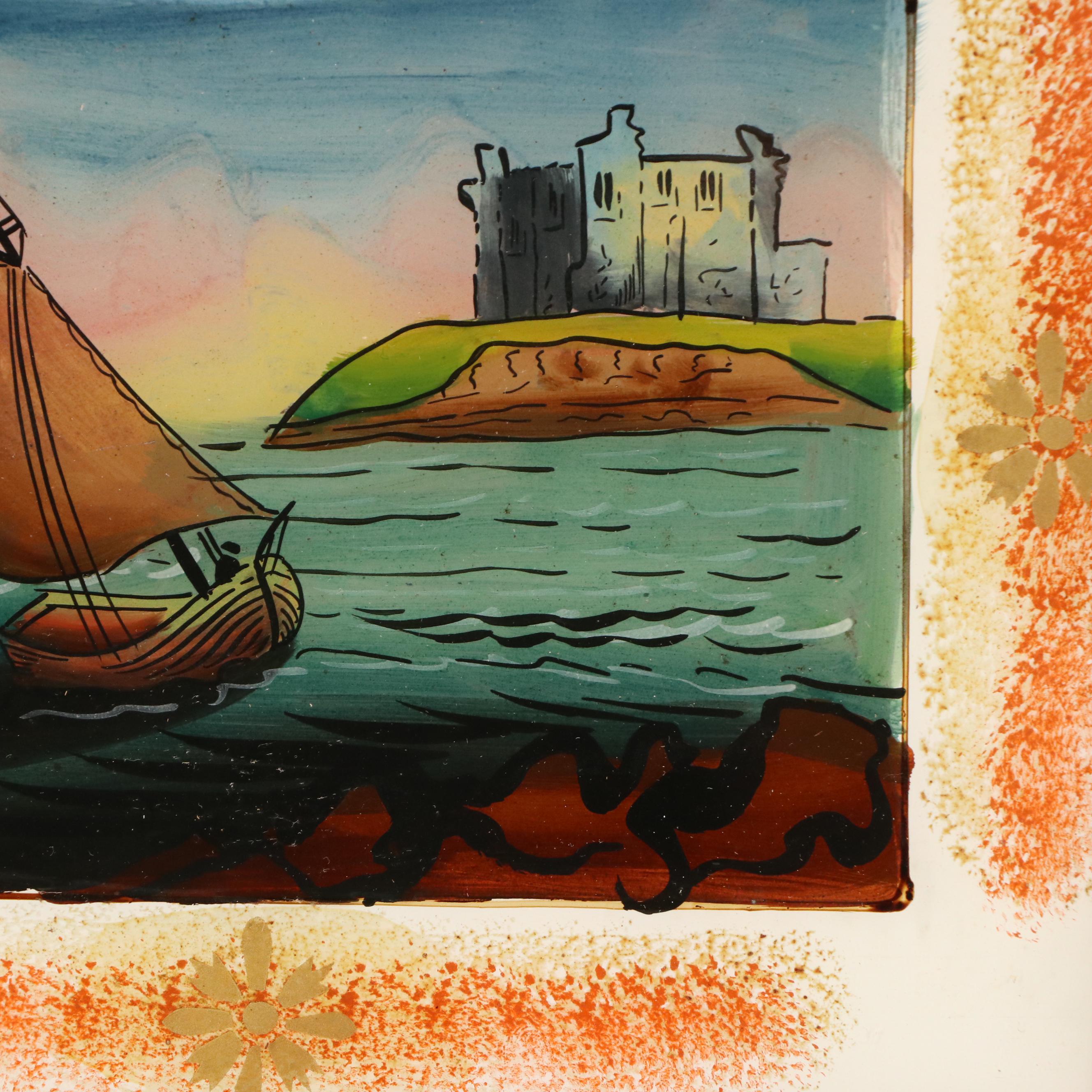 Mirror With Reverse Glass Painting of Coastal Scene