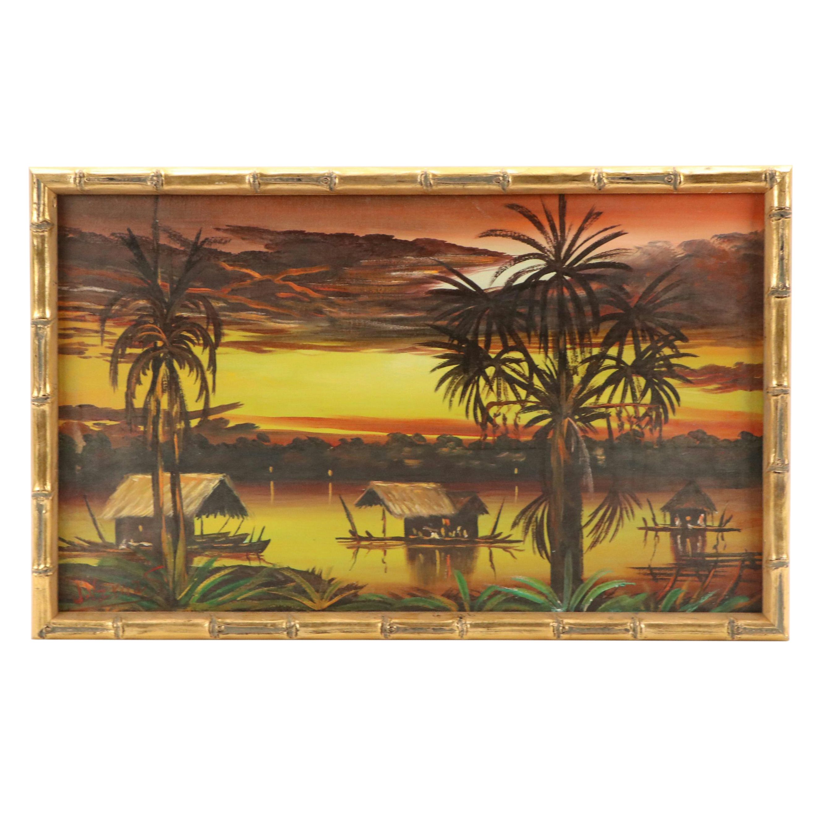 J. Vargas Tropical Sunset Landscape Acrylic Painting, 20th Century