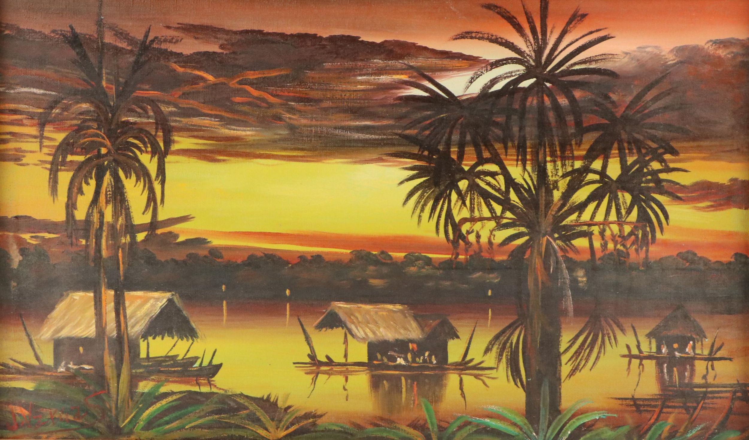 J. Vargas Tropical Sunset Landscape Acrylic Painting, 20th Century
