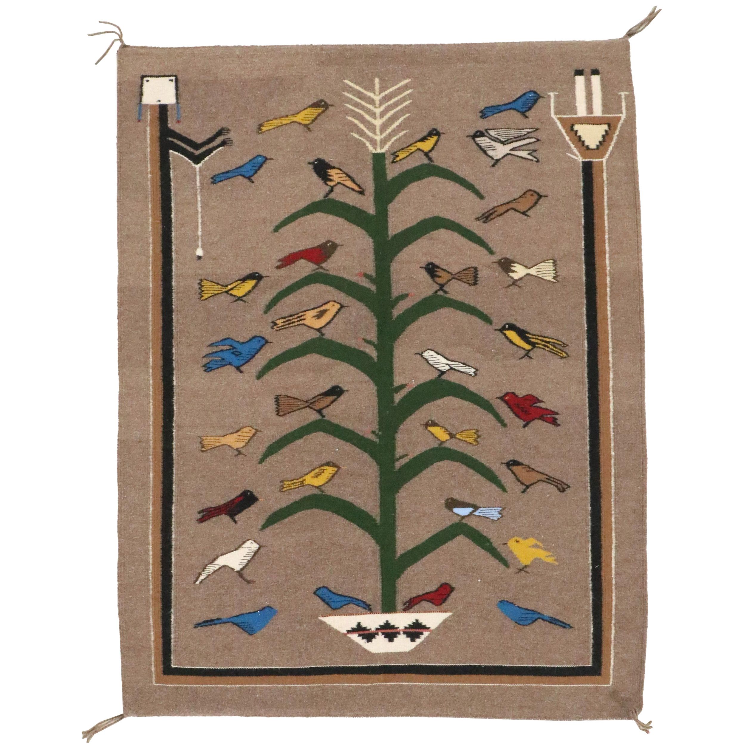 Handwoven Virginia Stash Navajo "Tree of Life" Birds with Corn Stalk Accent Rug