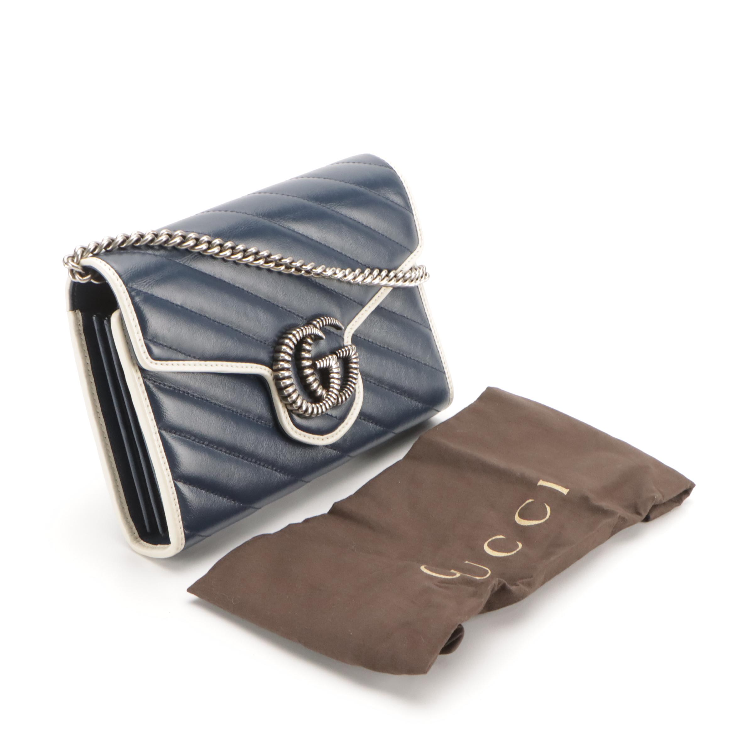 Gucci Mini GG Marmont Chain Wallet in Blue Diagonal Quilted Leather