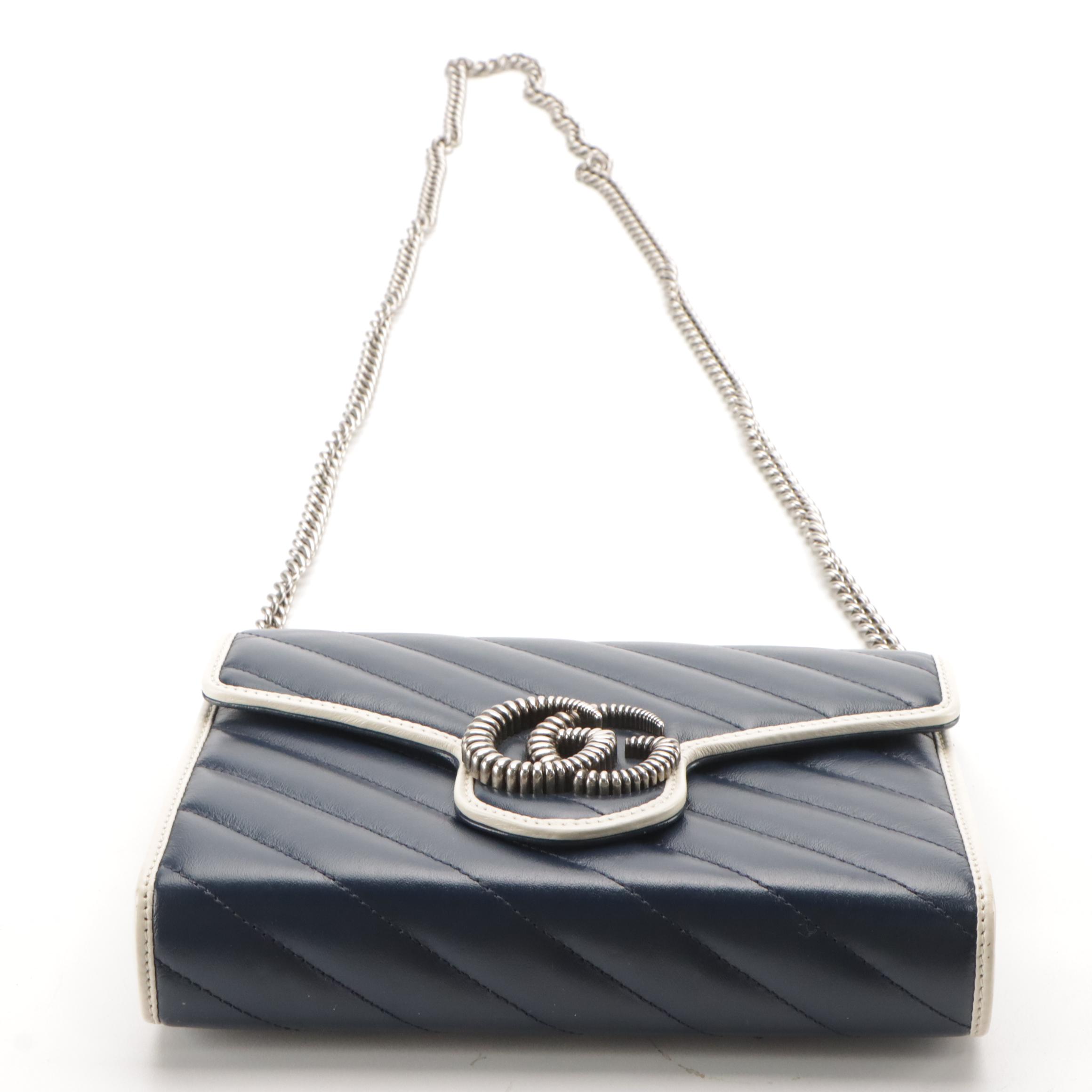 Gucci Mini GG Marmont Chain Wallet in Blue Diagonal Quilted Leather