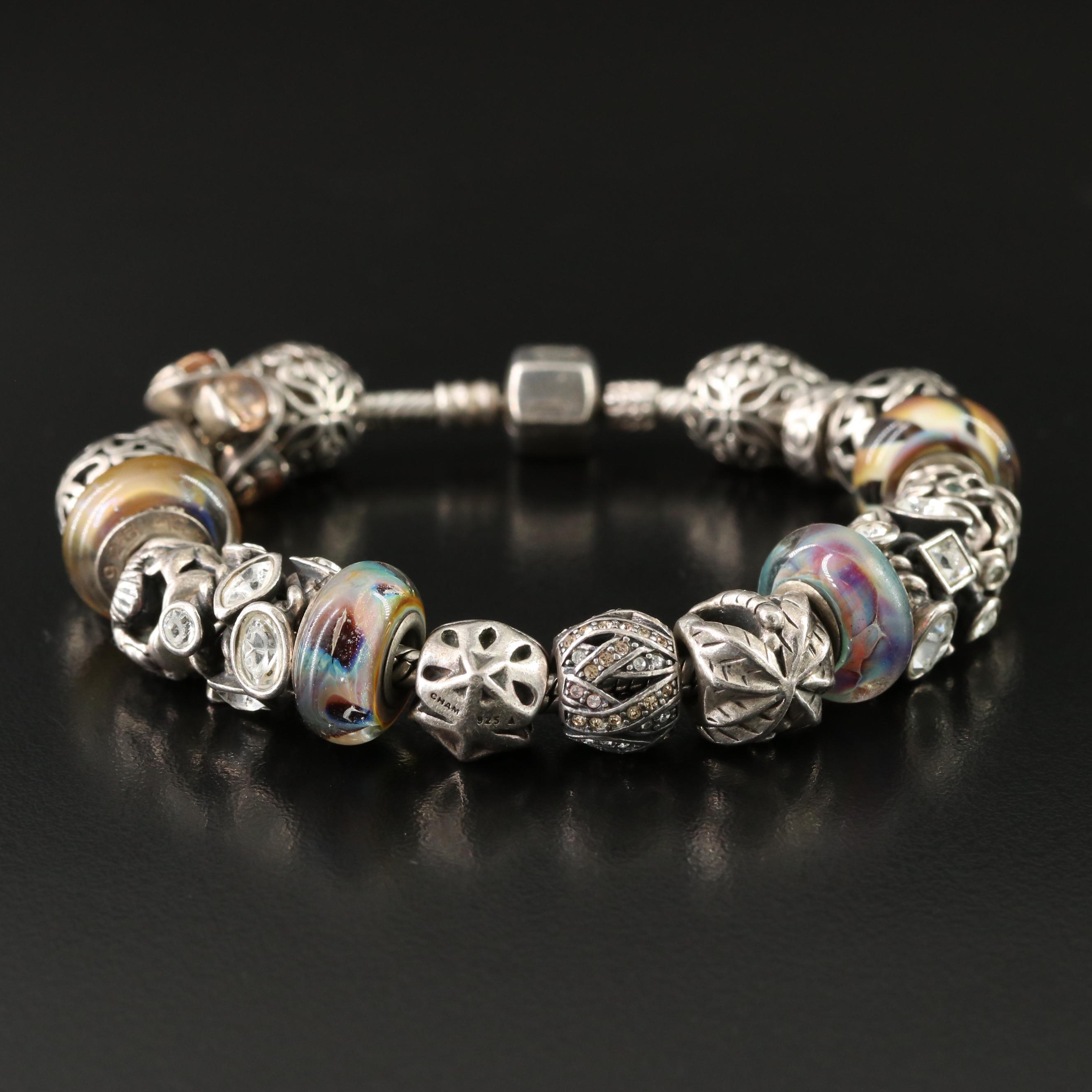 Chamilia Sterling Charm Bracelet Featuring Art Glass Charms