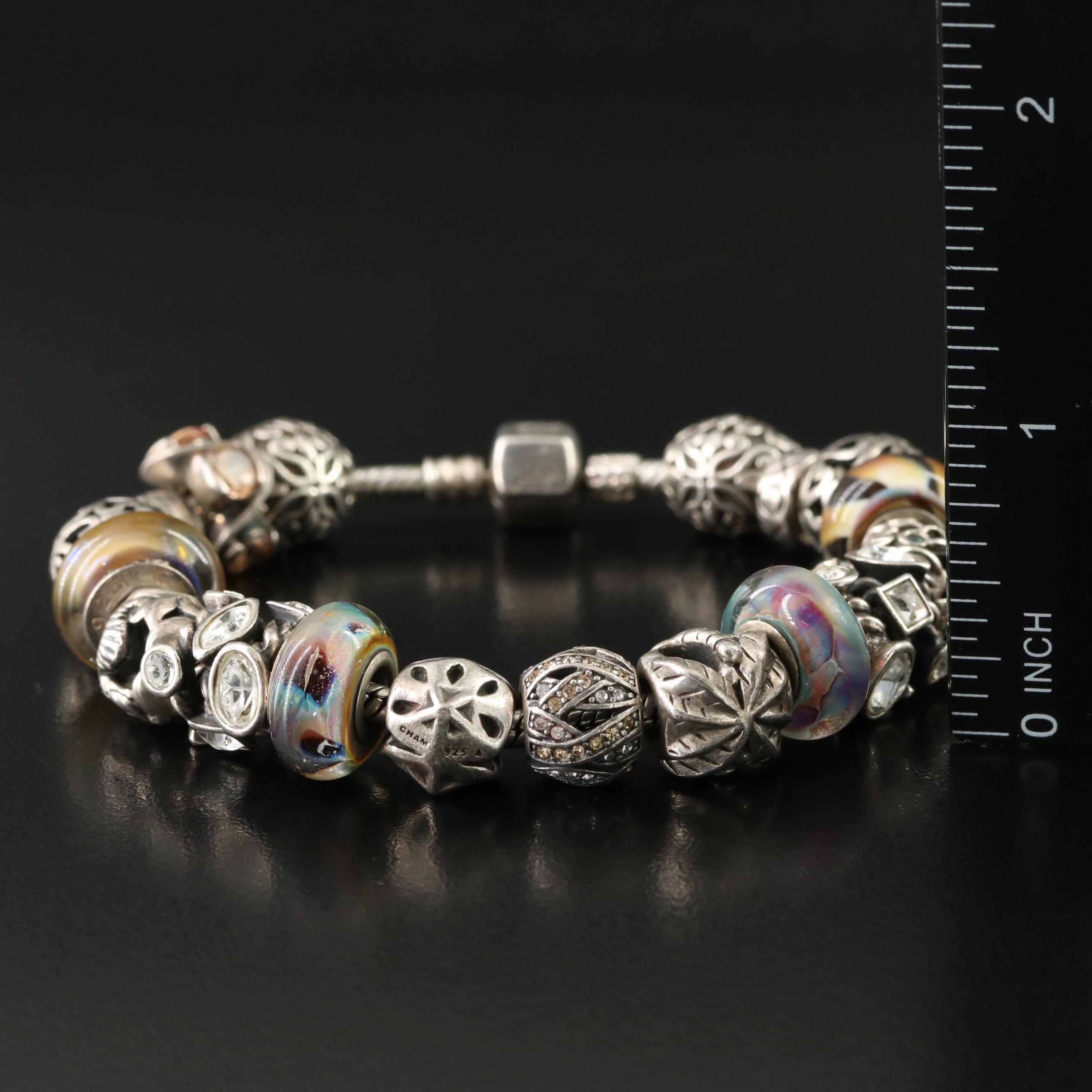 Chamilia Sterling Charm Bracelet Featuring Art Glass Charms