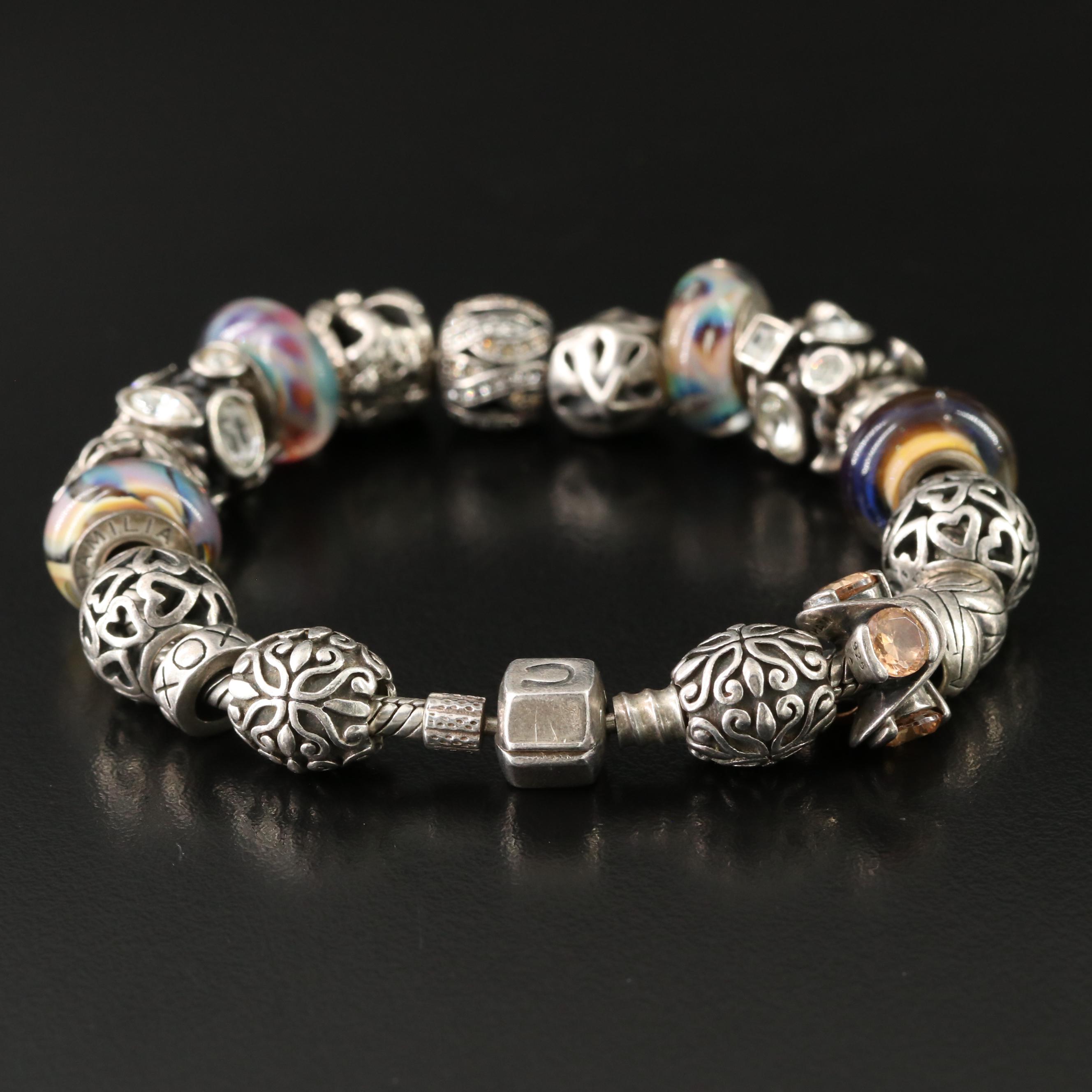 Chamilia Sterling Charm Bracelet Featuring Art Glass Charms