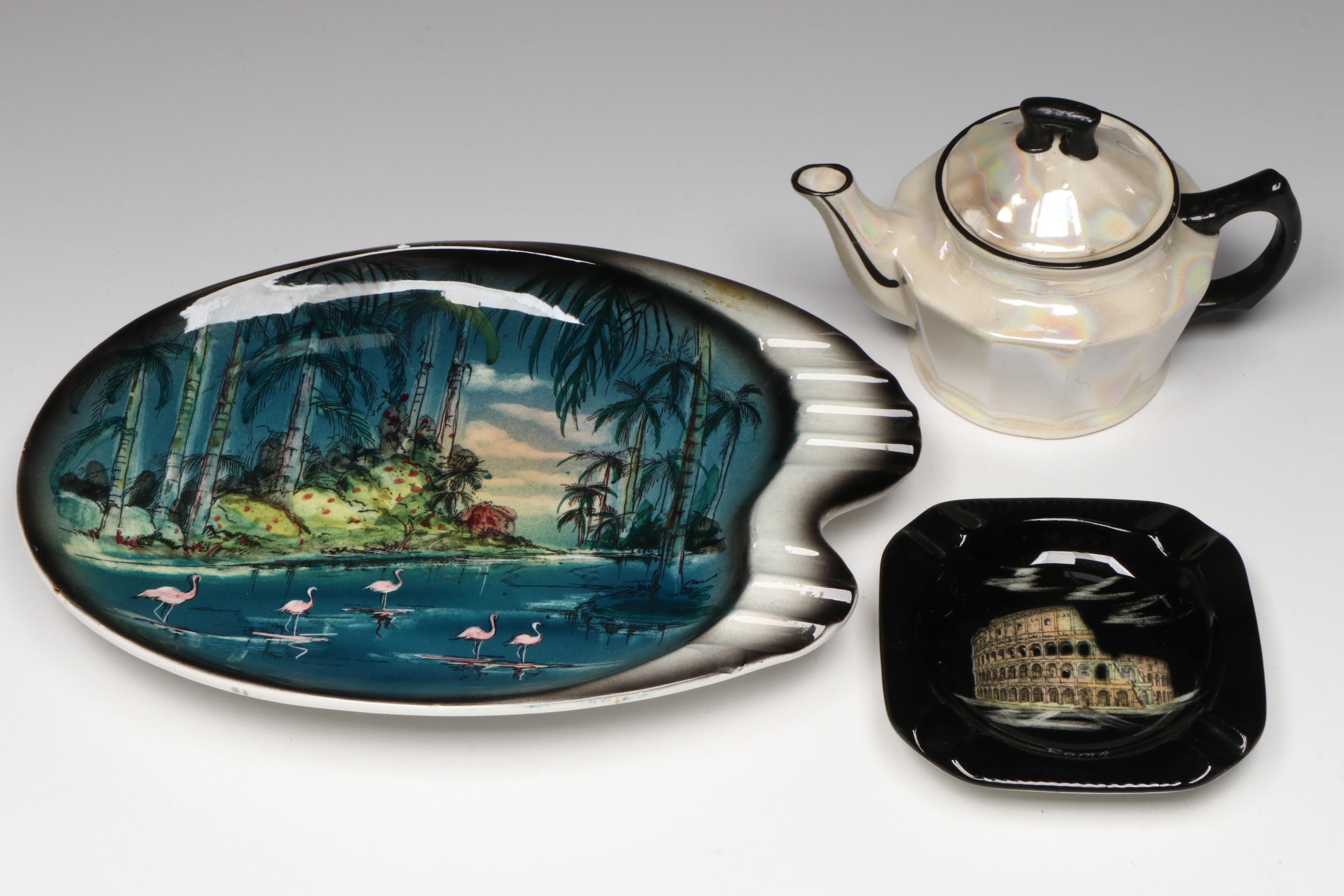 Czechoslovakian Art Deco Lusterware Teapot with Other Ceramic and Glass Decor