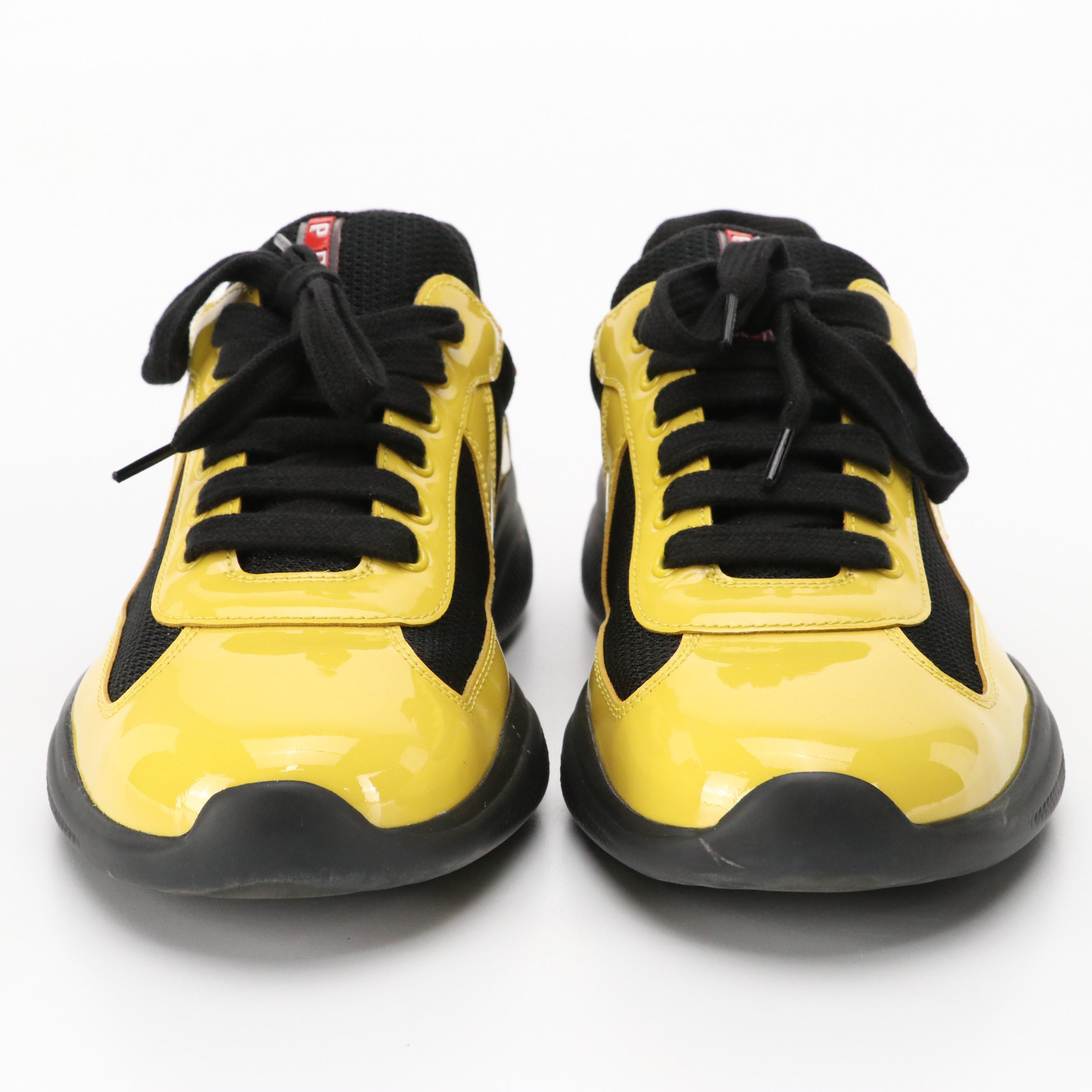 Prada America's Cup Sunny Yellow/Black Patent Leather Low-Top Sneakers in Box