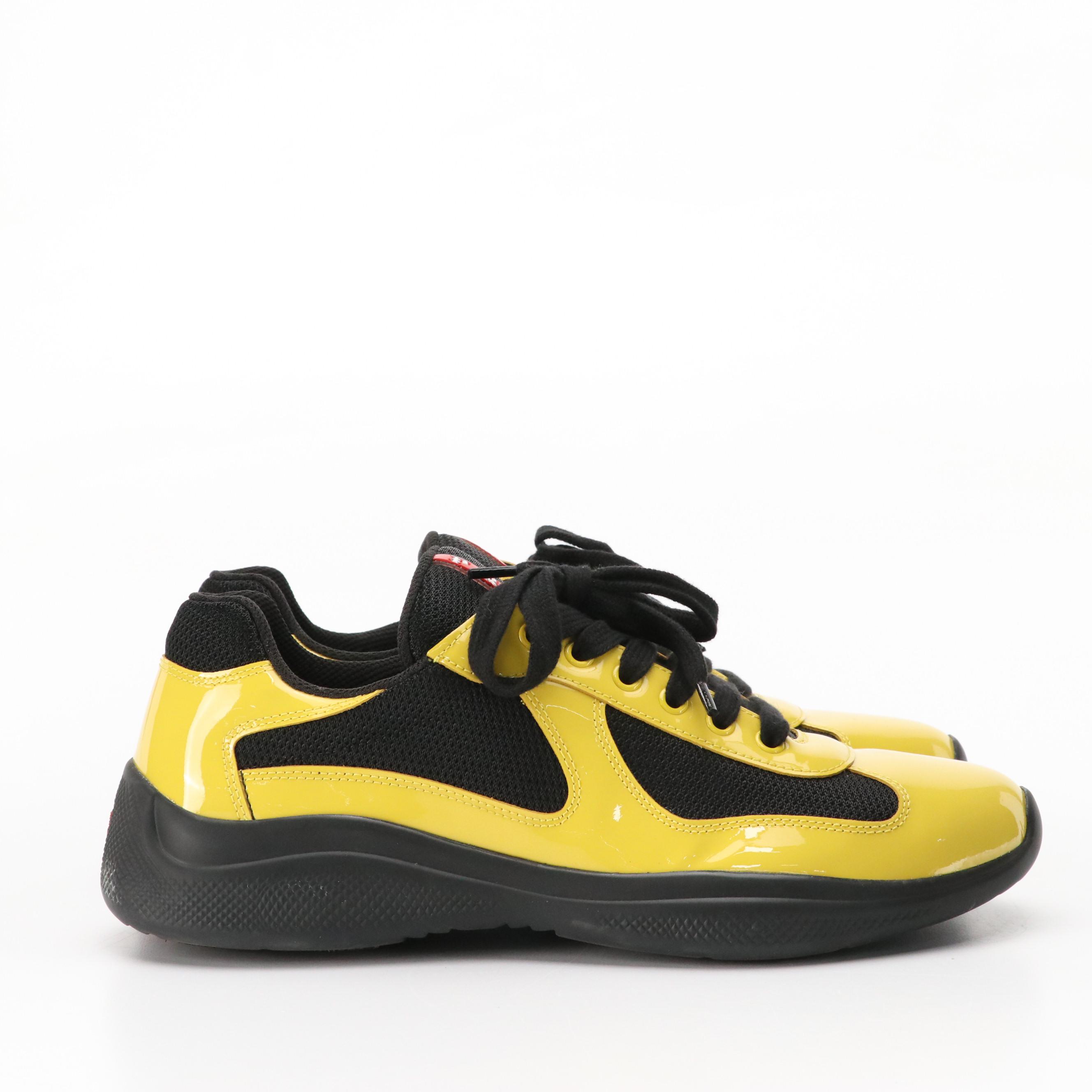 Prada America's Cup Sunny Yellow/Black Patent Leather Low-Top Sneakers in Box