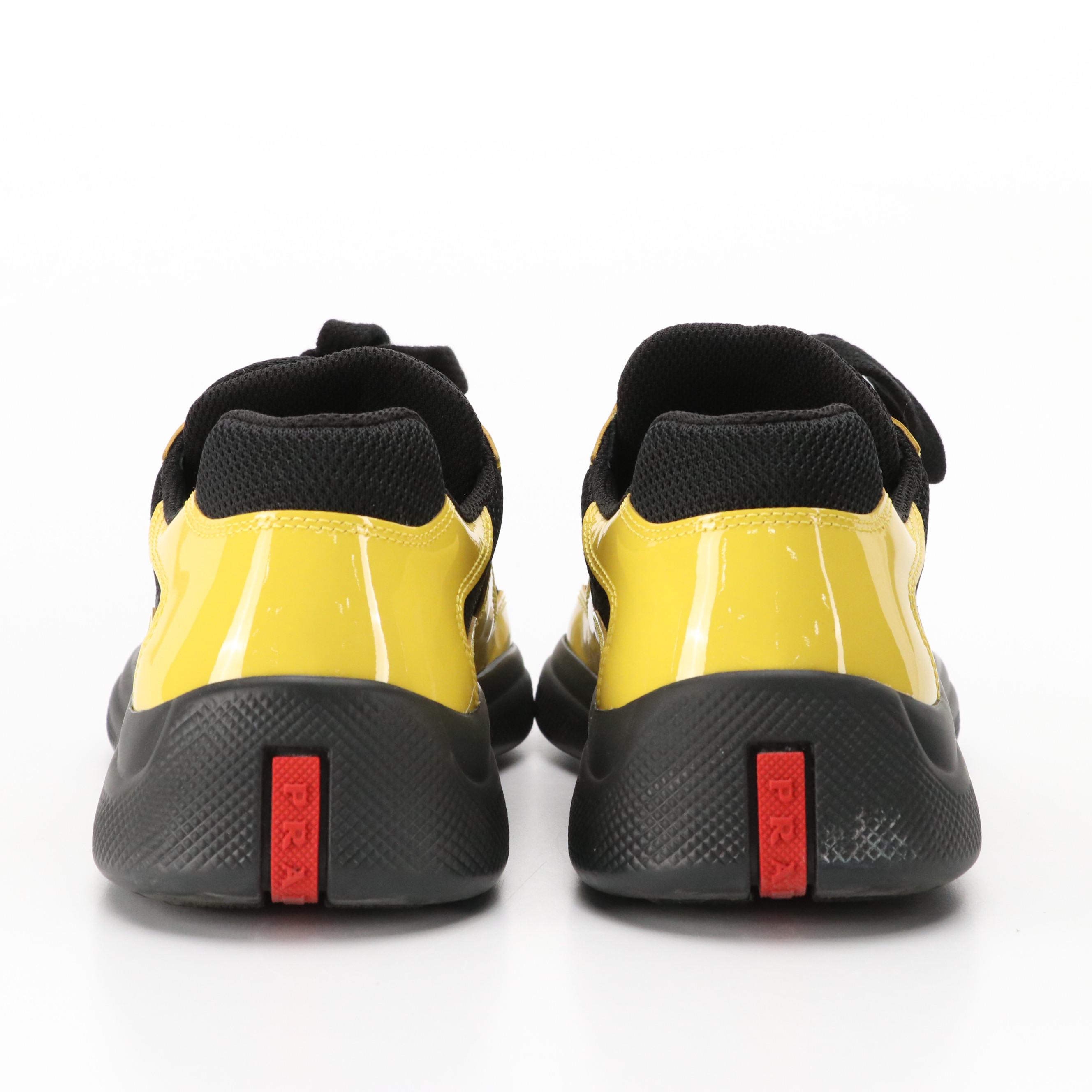 Prada America's Cup Sunny Yellow/Black Patent Leather Low-Top Sneakers in Box