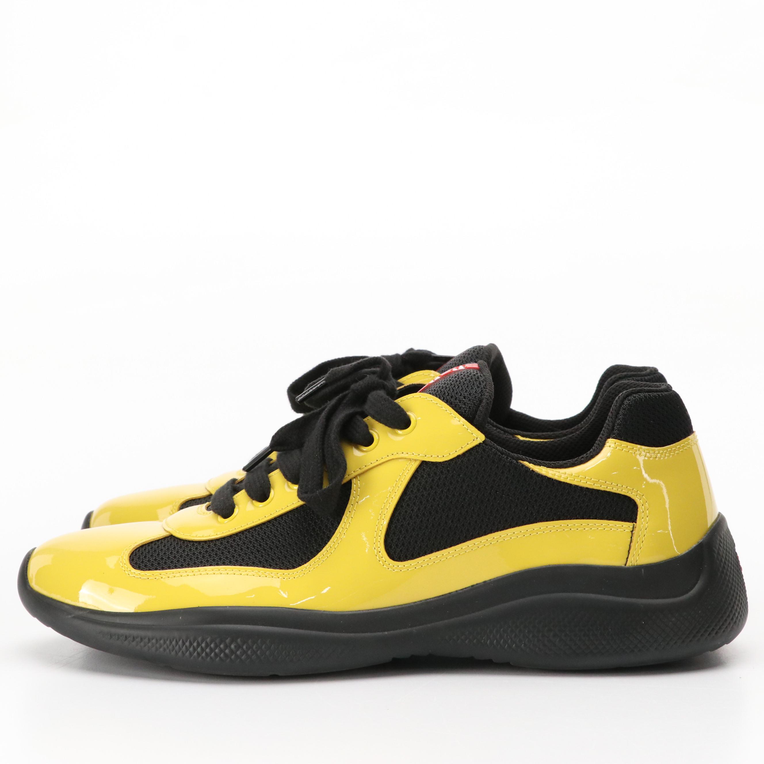 Prada America's Cup Sunny Yellow/Black Patent Leather Low-Top Sneakers in Box