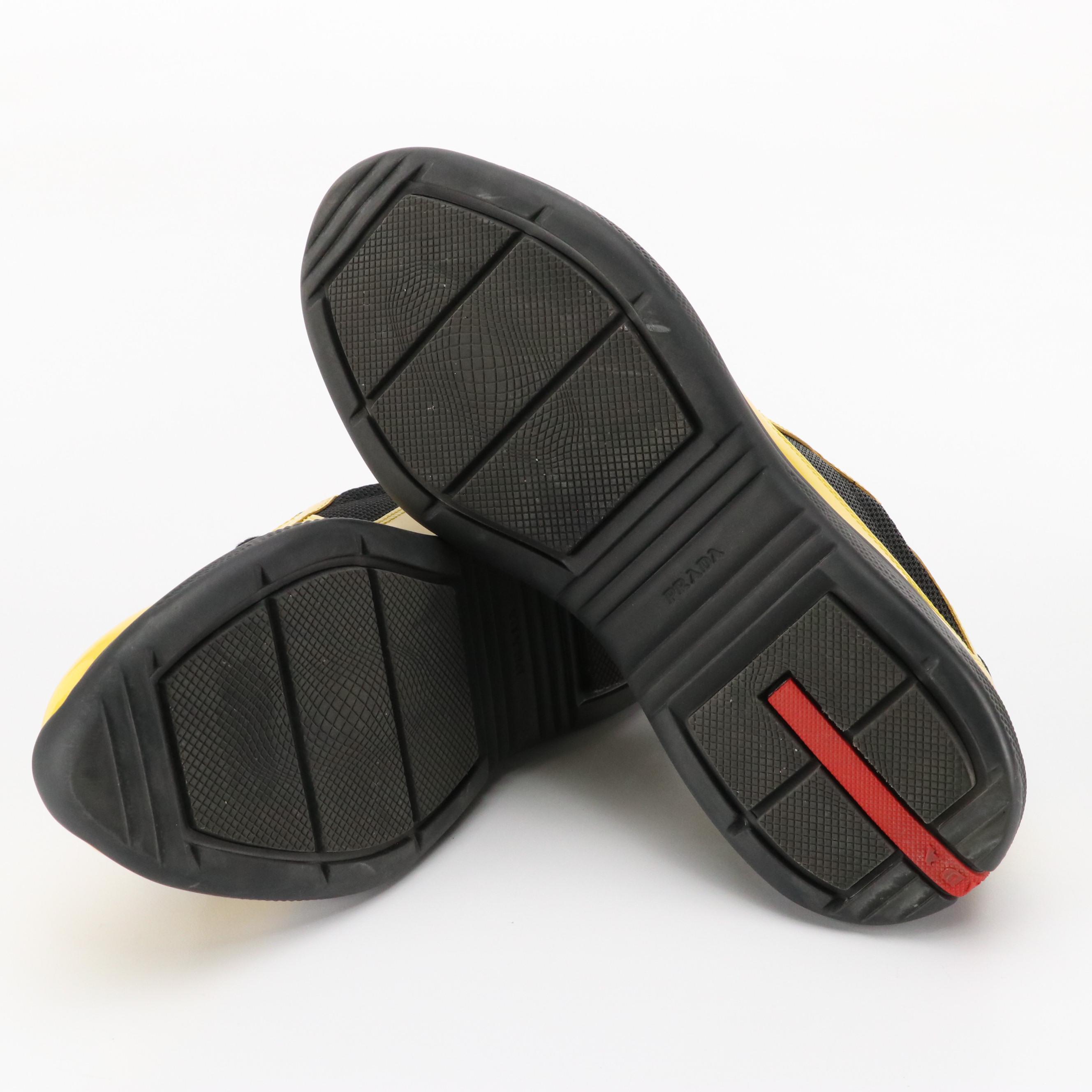 Prada America's Cup Sunny Yellow/Black Patent Leather Low-Top Sneakers in Box