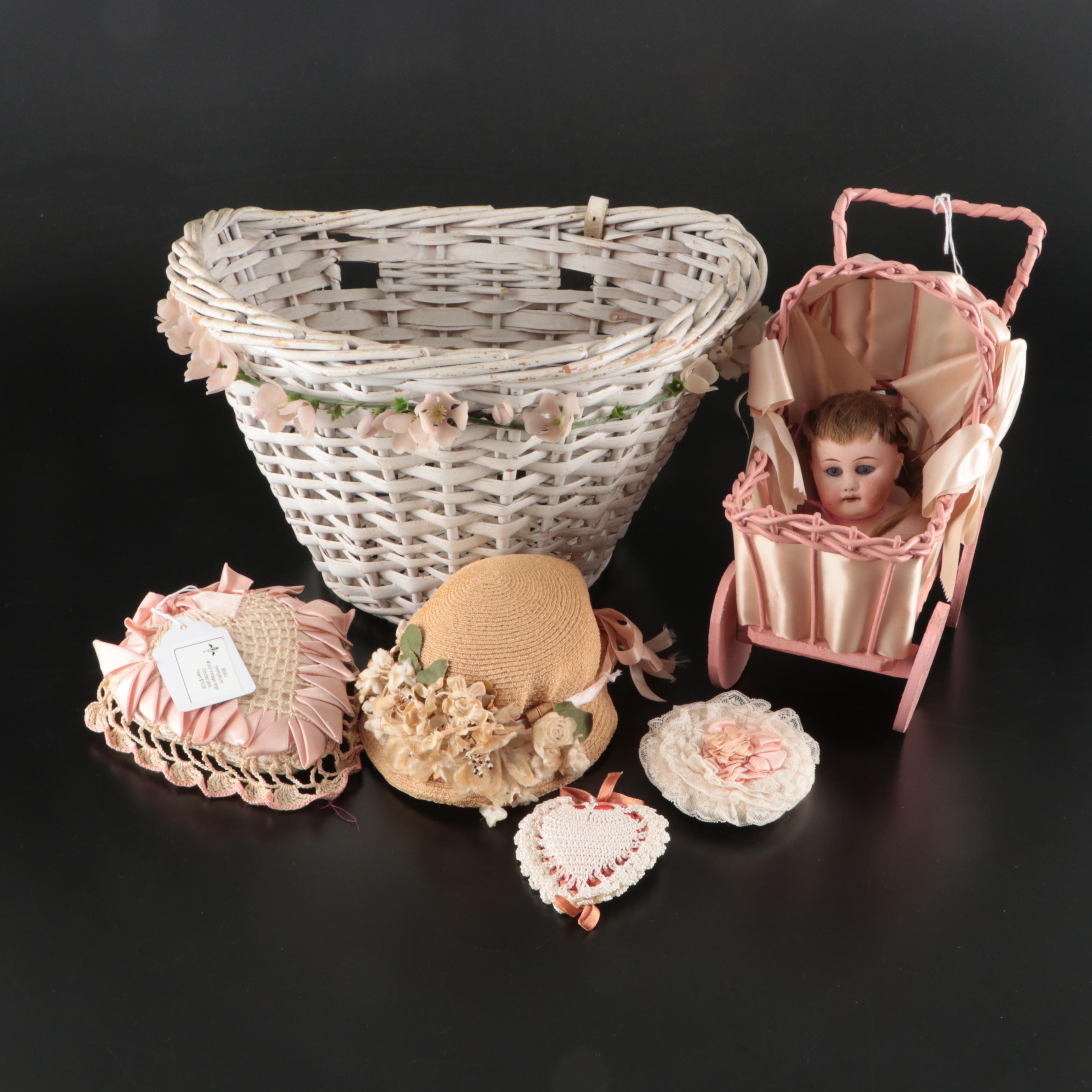 Wicker Bicycle Basket, Wooden Doll Carriage, Darlene Davidson Doll Hat, and More